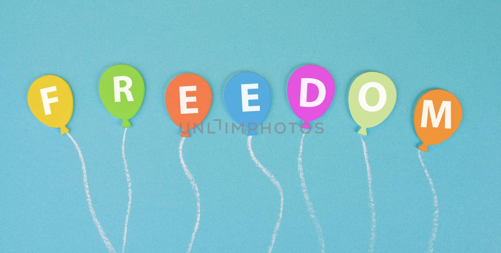 The word freedom is standing on ballons, new normal, covid-19 regulations, changing lifestyle, free speech
