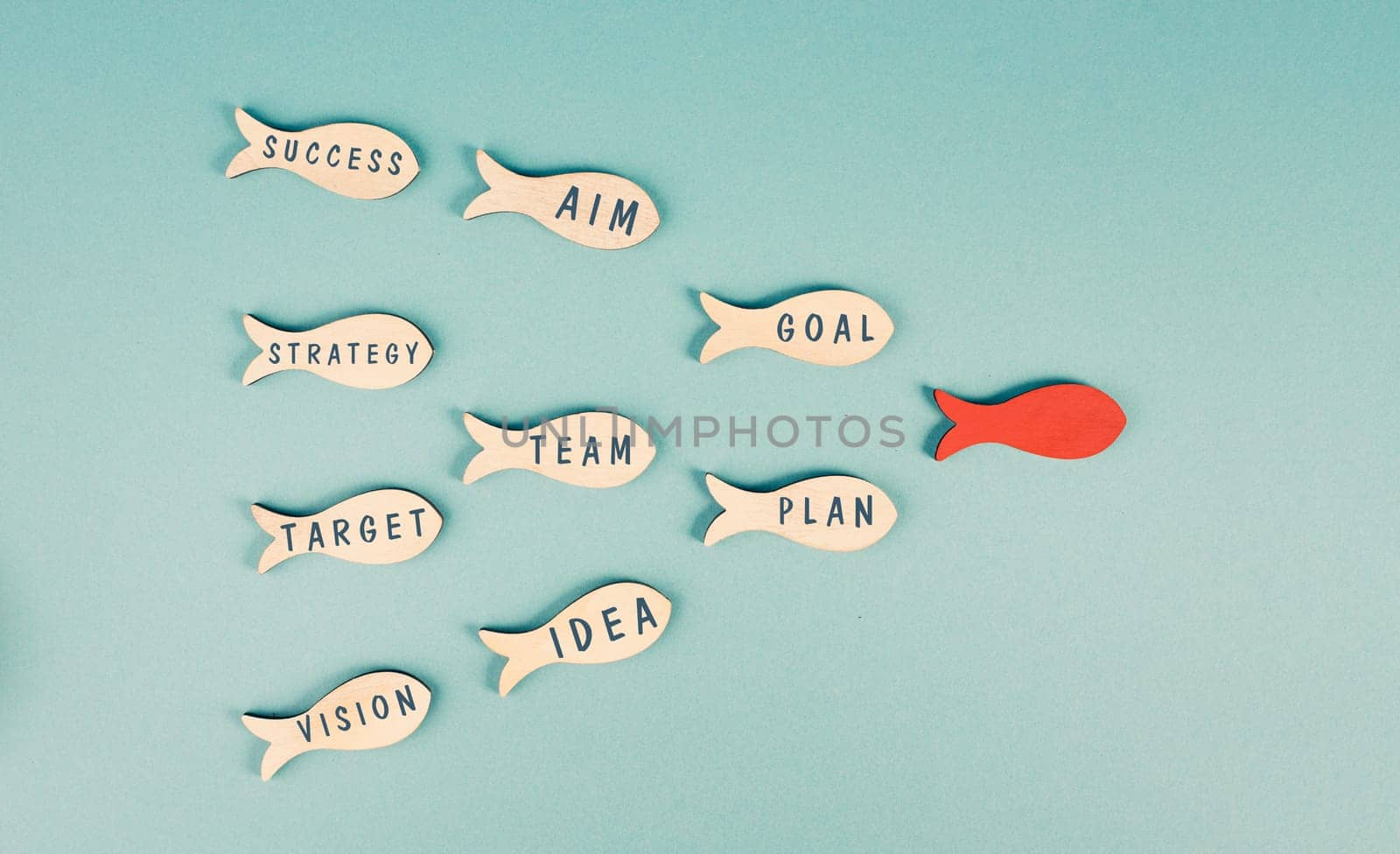 Red fish is the leader of the group, working as a team for new ideas, goals, making plans and strategies for success, teamwork concept