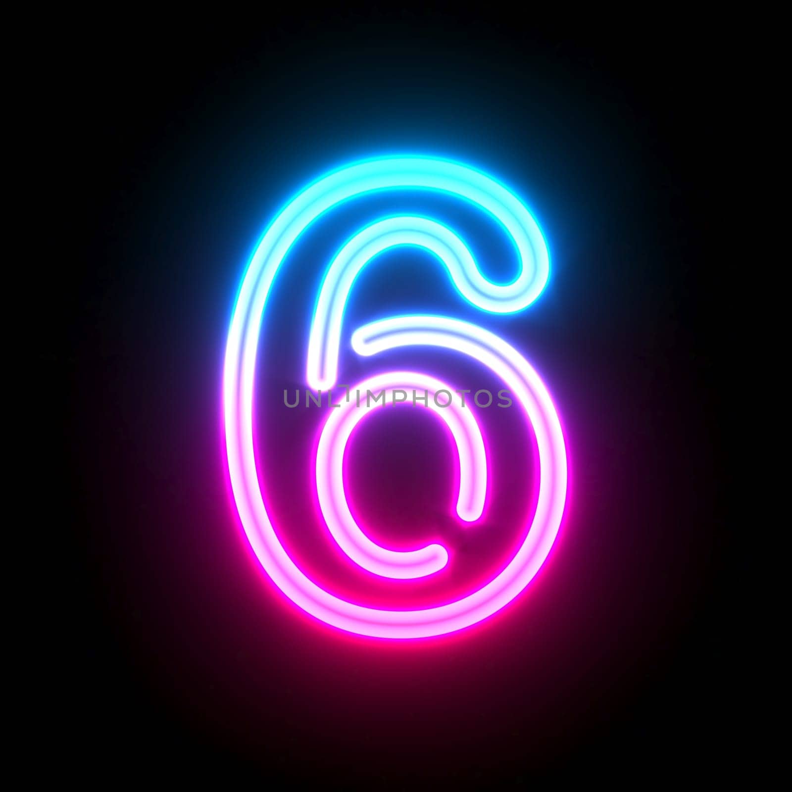 Blue pink glowing neon tube font Number 6 SIX 3D render illustration isolated on black background