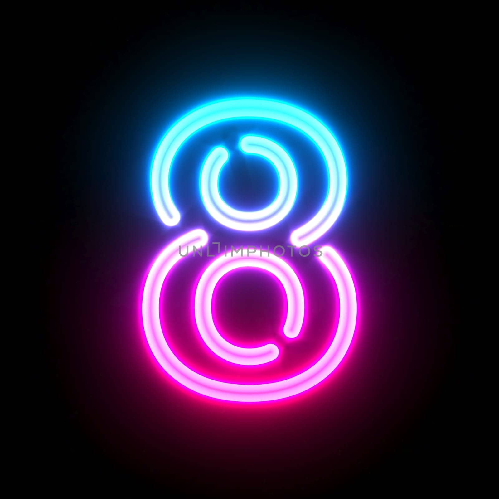 Blue pink glowing neon tube font Number 8 EIGHT 3D render illustration isolated on black background