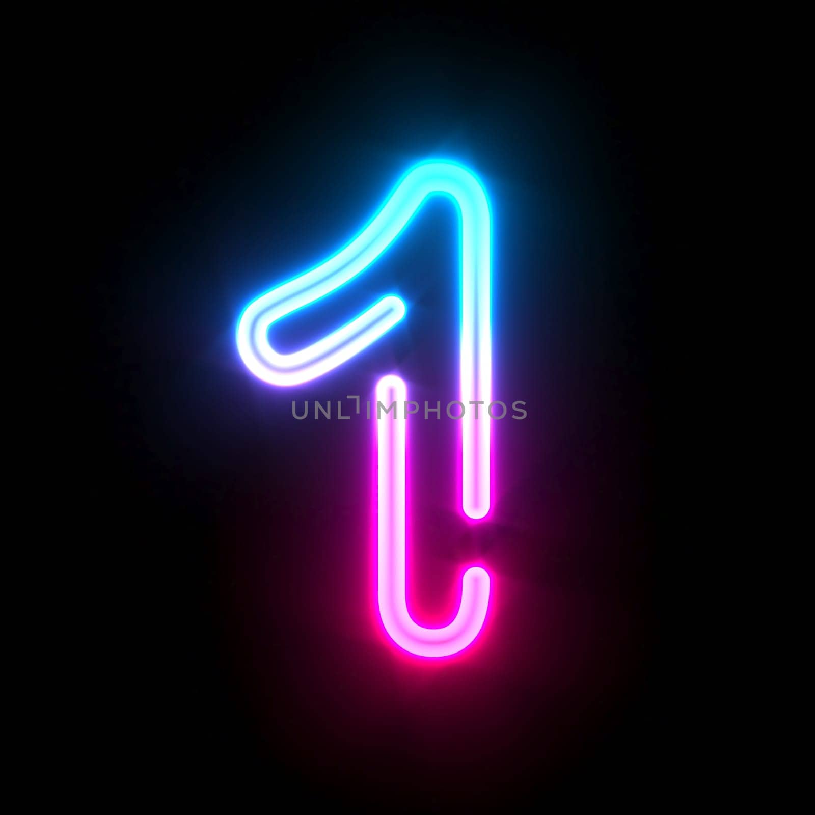 Blue pink glowing neon tube font Number 1 ONE 3D render illustration isolated on black background