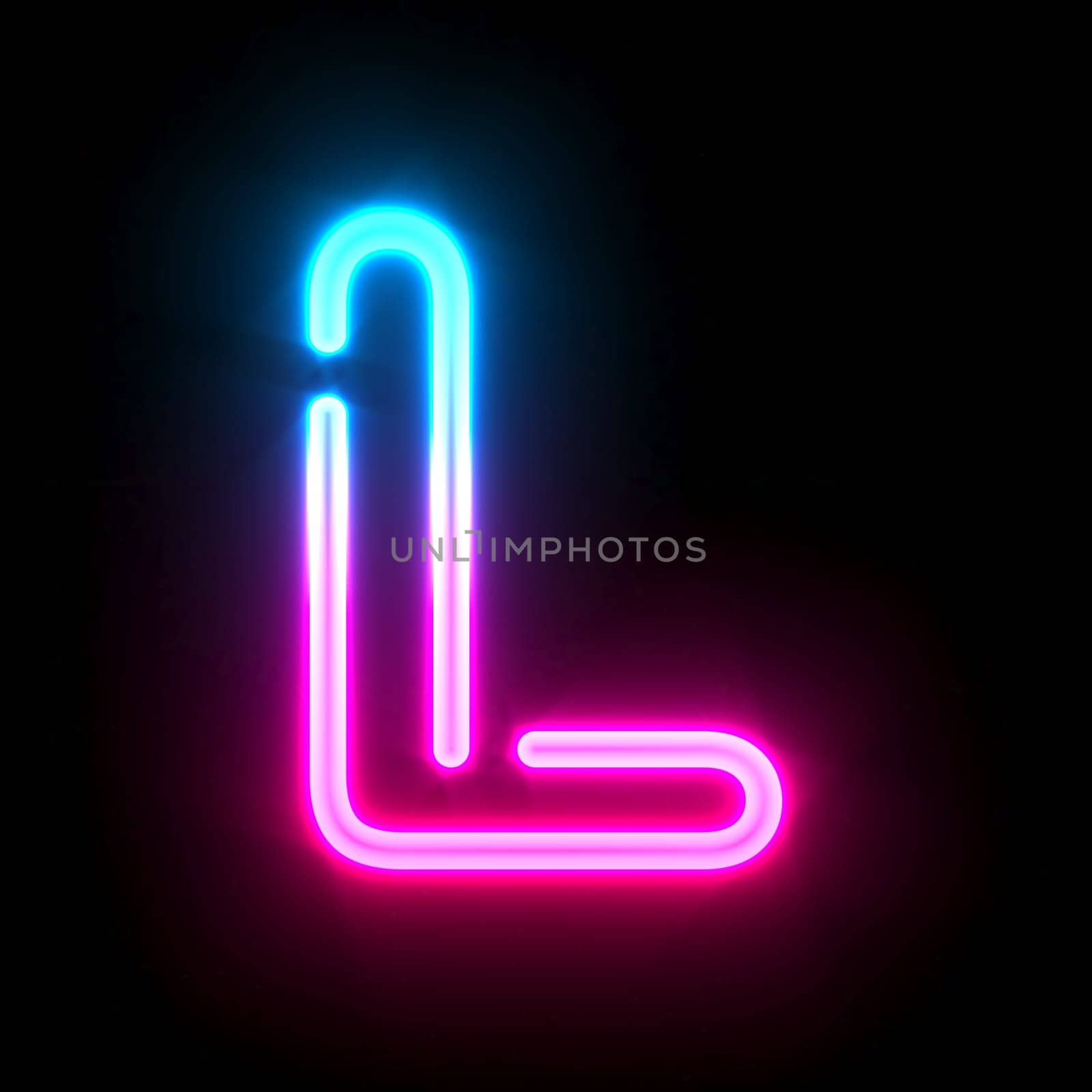 Blue pink glowing neon tube font Letter L 3D render illustration isolated on black background