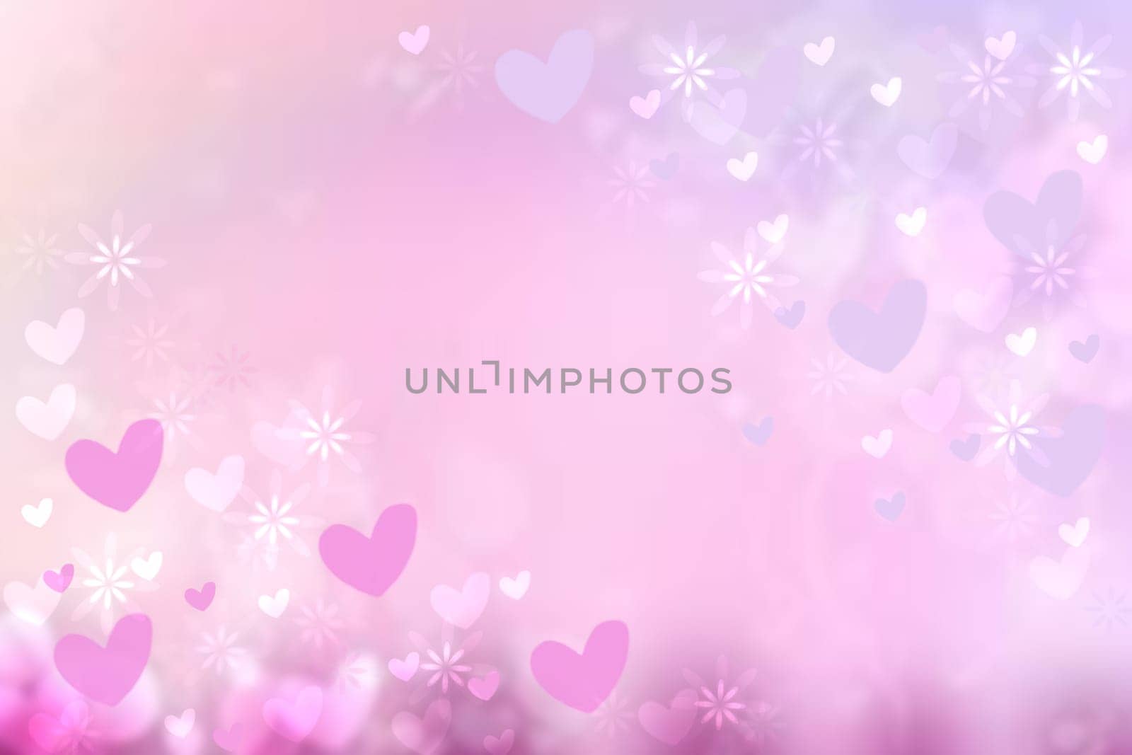 Valentines or mothers day card template. Abstract delicate romantic illustrated pink gradient blue background texture with pink and white bokeh hearts. Beautiful backdrop.
