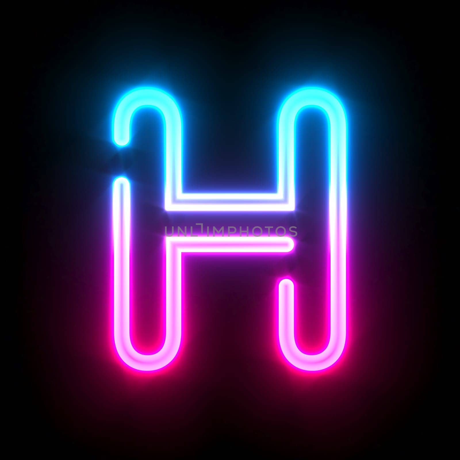 Blue pink glowing neon tube font Letter H 3D render illustration isolated on black background