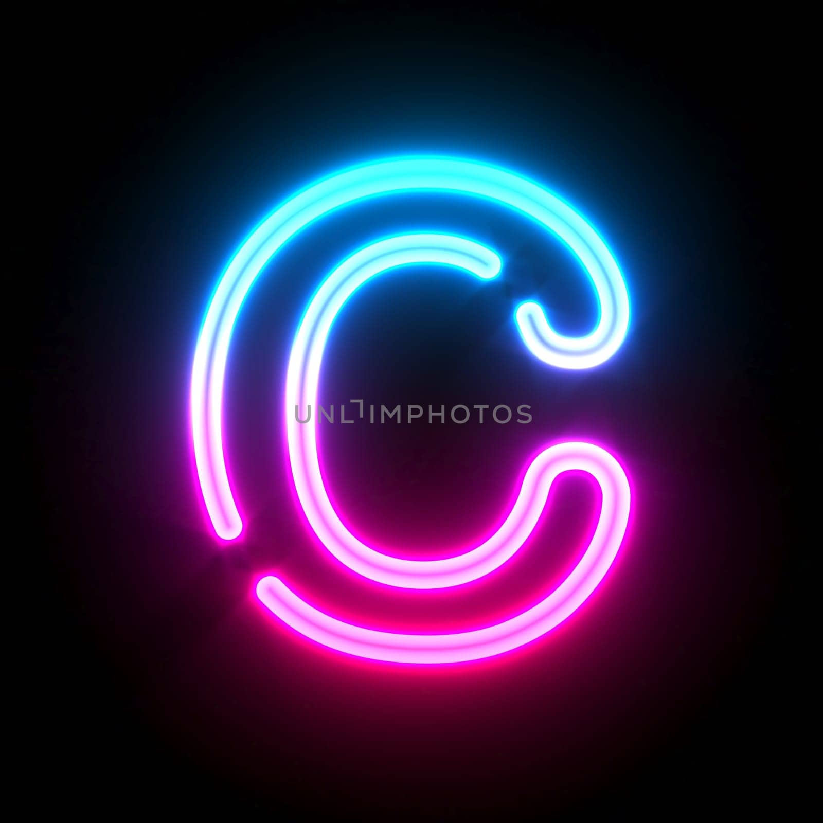 Blue pink glowing neon tube font Letter C 3D render illustration isolated on black background