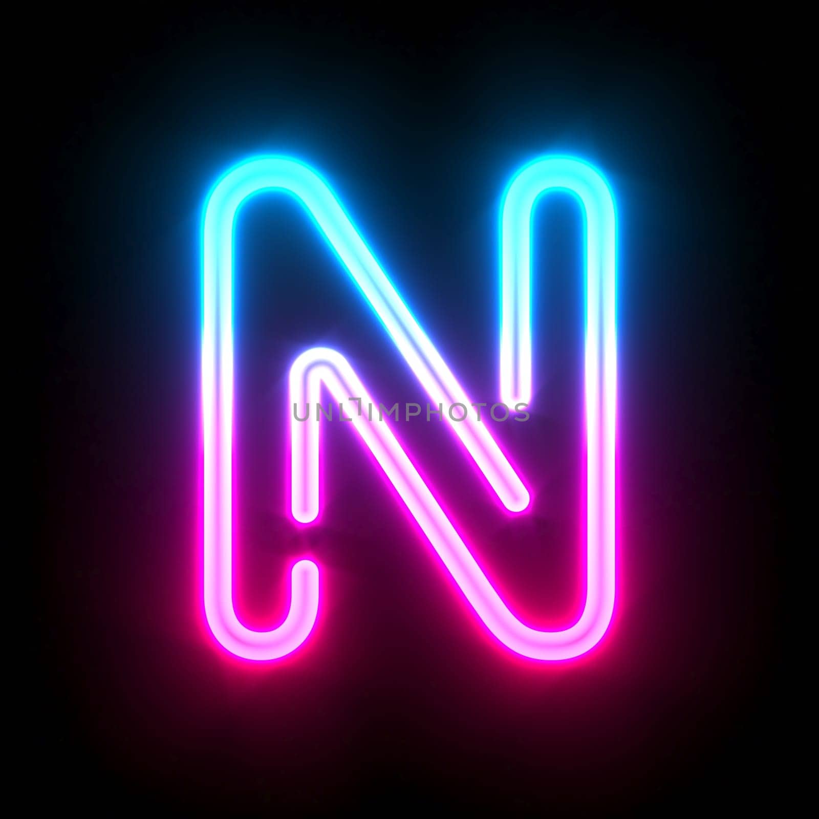 Blue pink glowing neon tube font Letter N 3D render illustration isolated on black background
