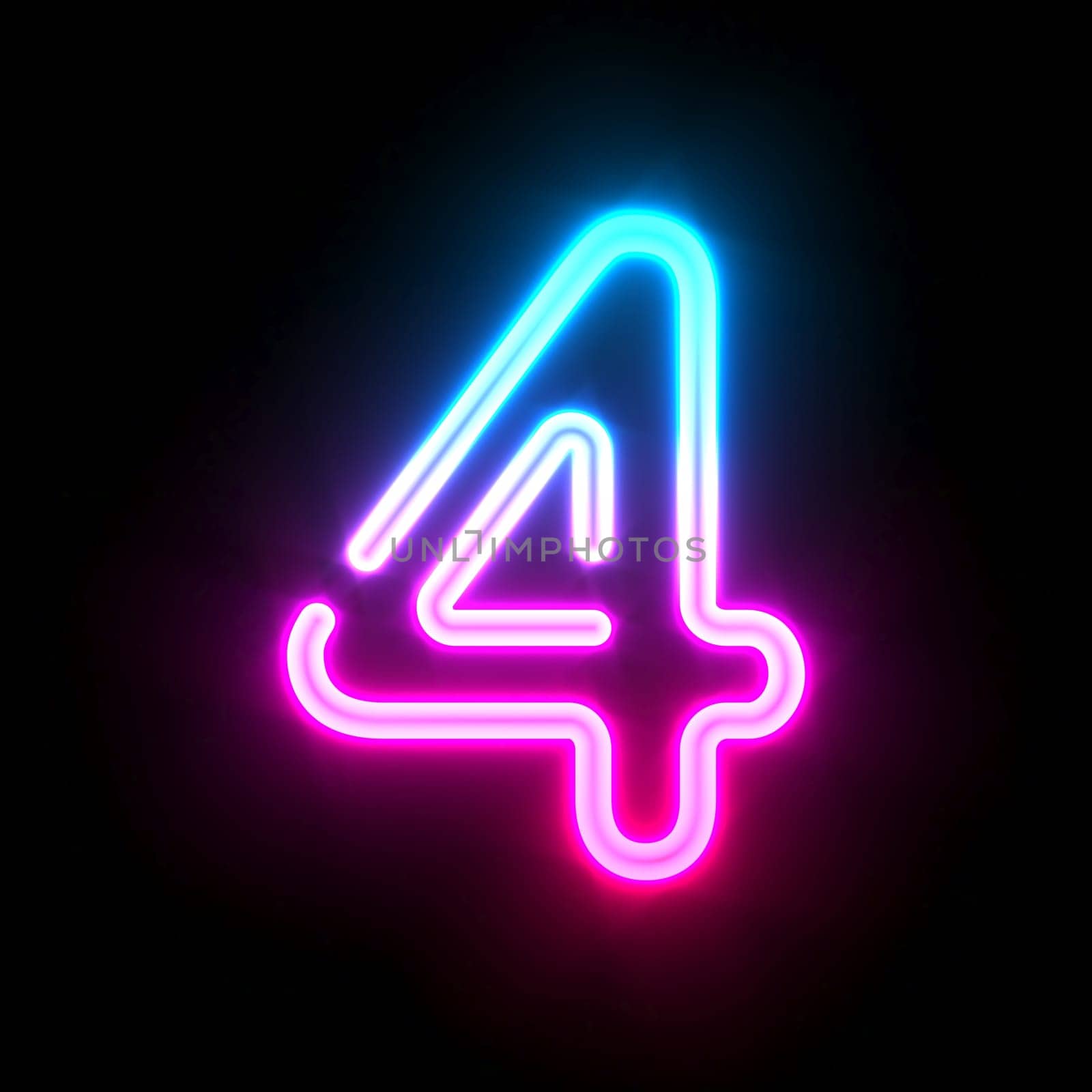 Blue pink glowing neon tube font Number 4 FOUR 3D render illustration isolated on black background