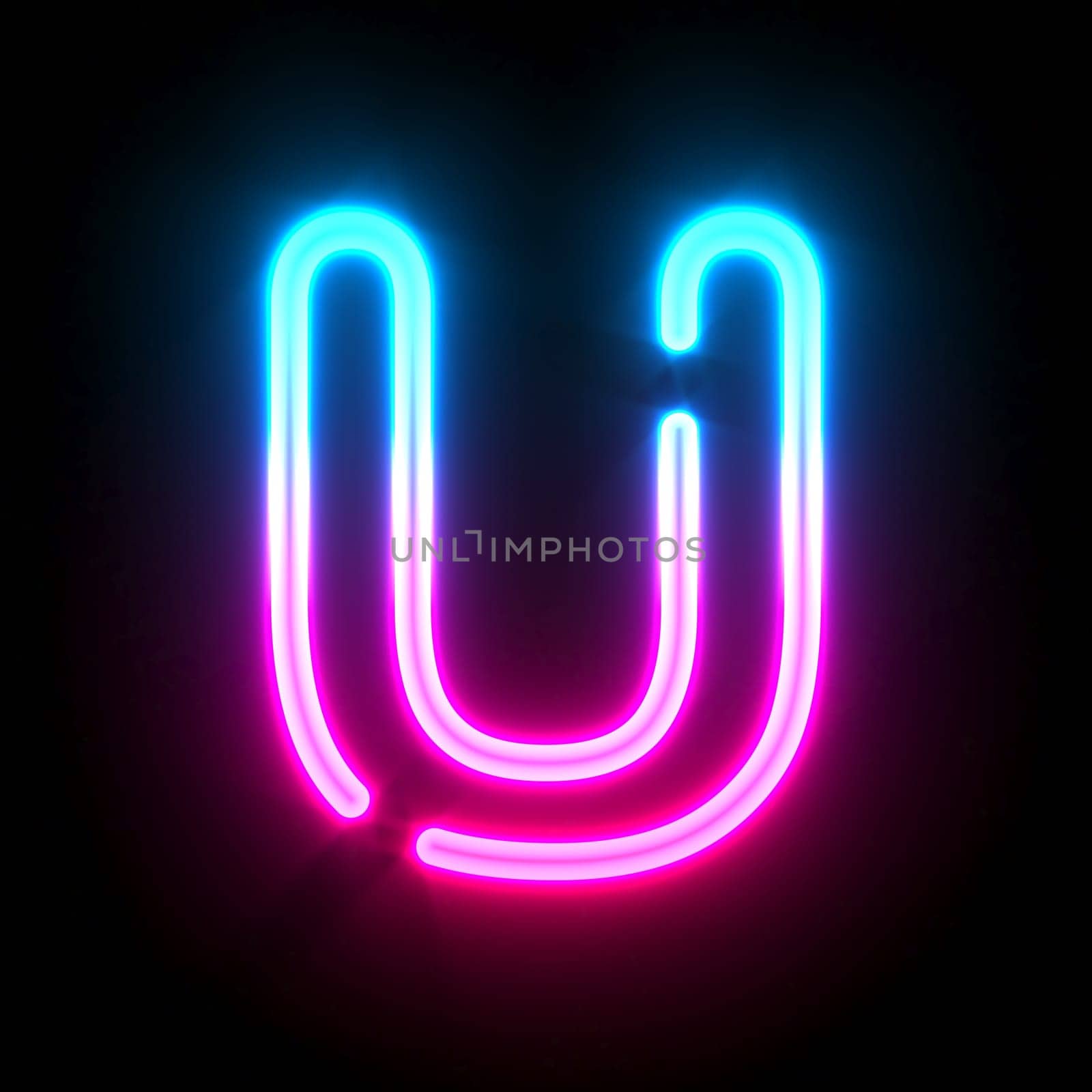 Blue pink glowing neon tube font Letter U 3D render illustration isolated on black background