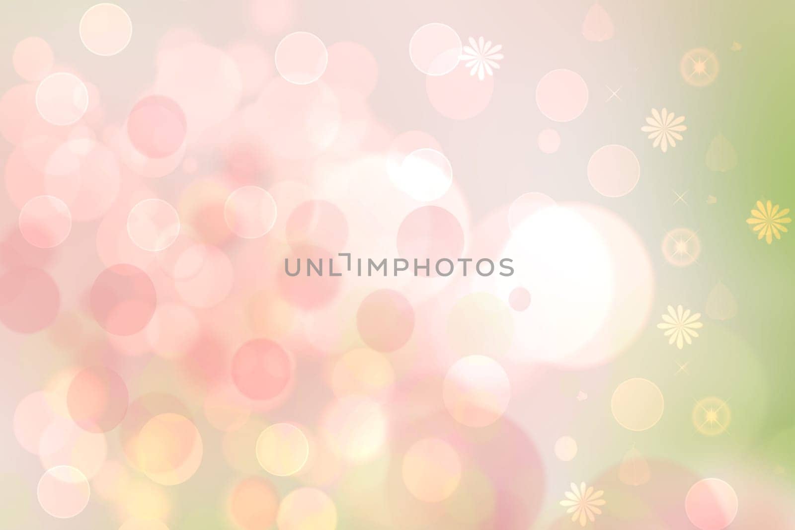 Abstract fresh vivid spring summer light delicate pastel pink green yellow bokeh background texture with bright soft color cherry blossoms and flowers. Card concept. Beautiful backdrop illustration.