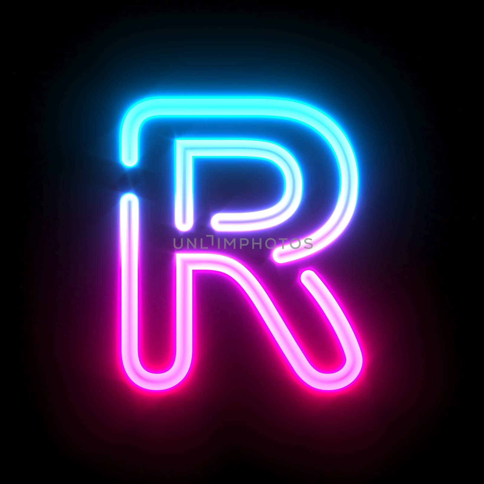 Blue pink glowing neon tube font Letter R 3D render illustration isolated on black background