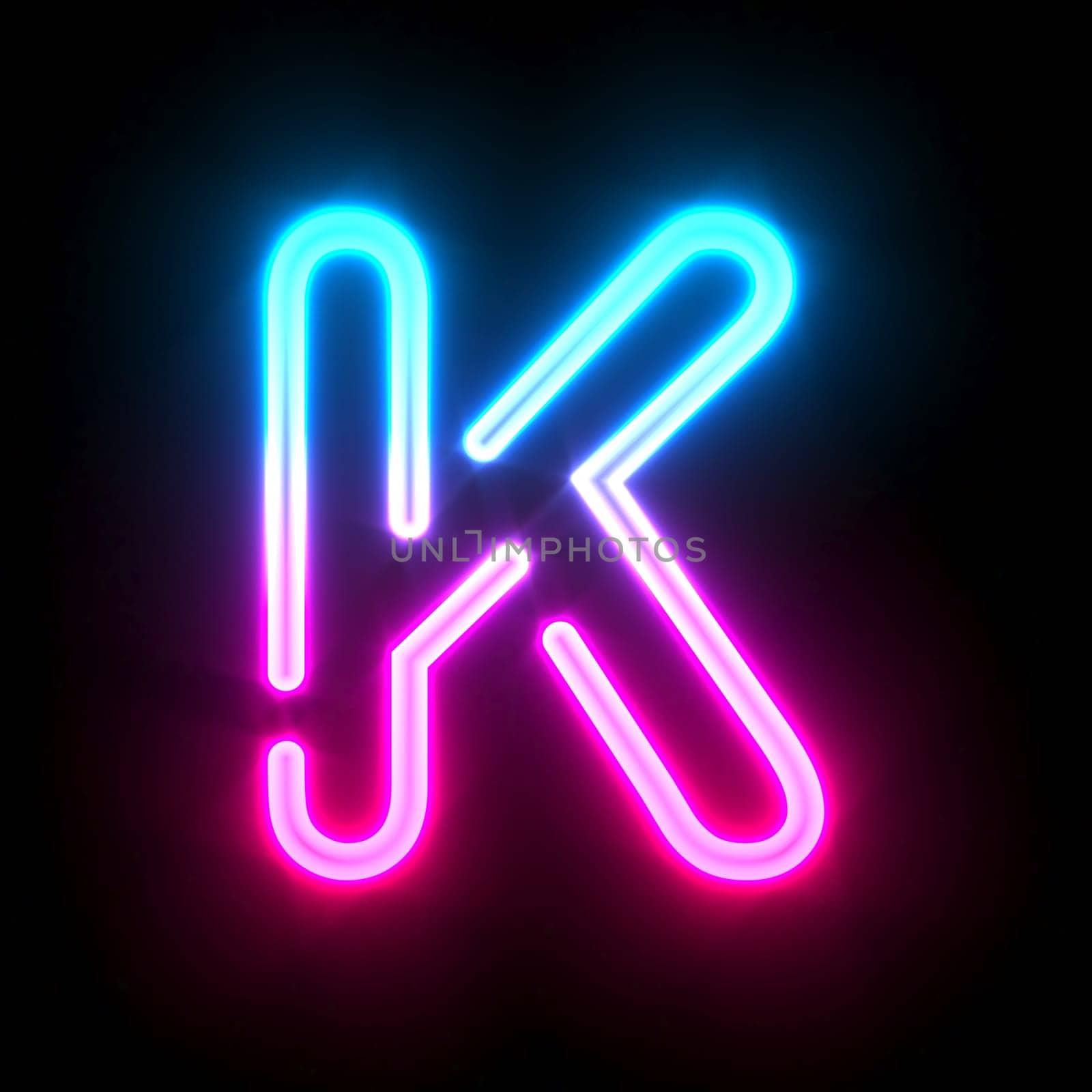 Blue pink glowing neon tube font Letter K 3D render illustration isolated on black background