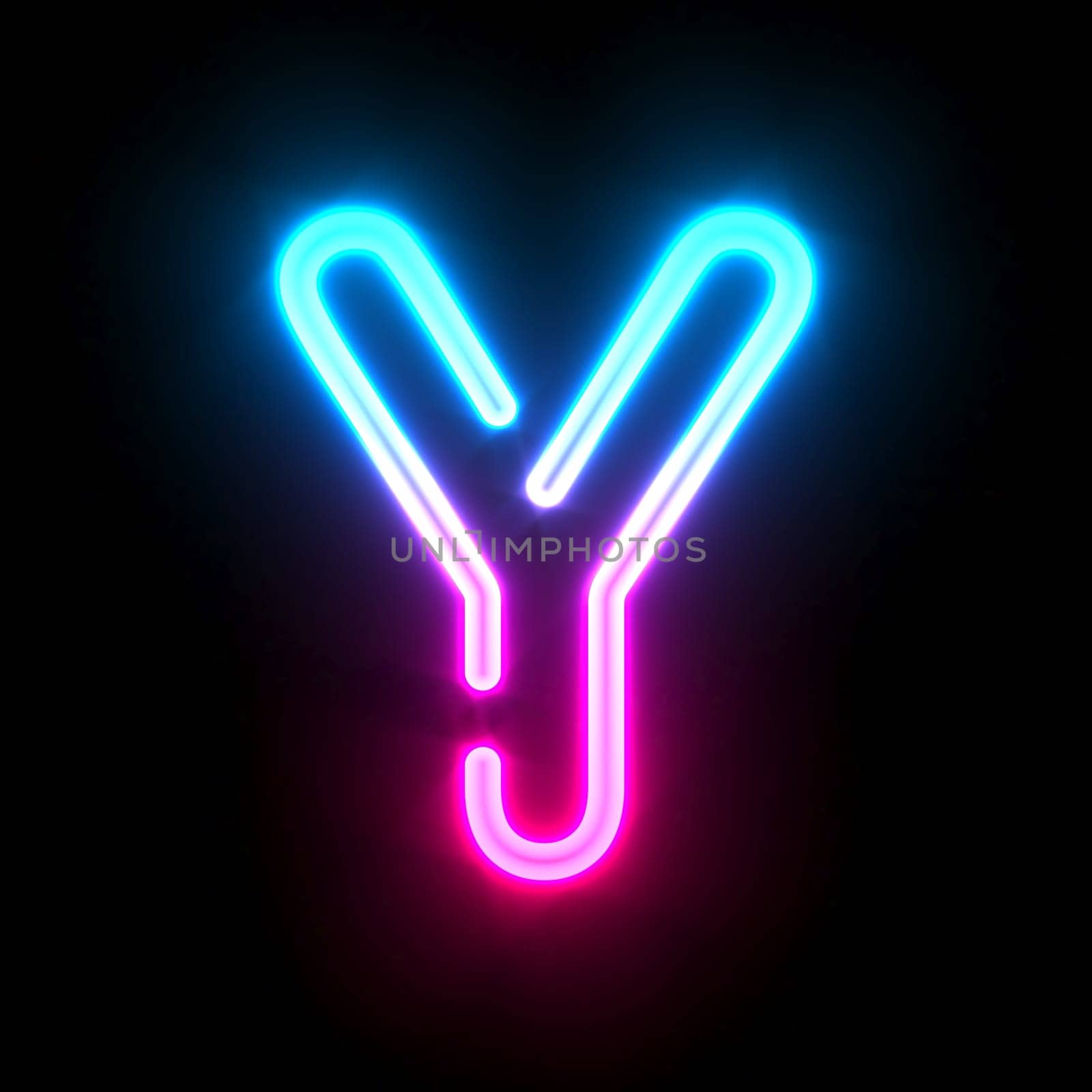 Blue pink glowing neon tube font Letter Y 3D render illustration isolated on black background