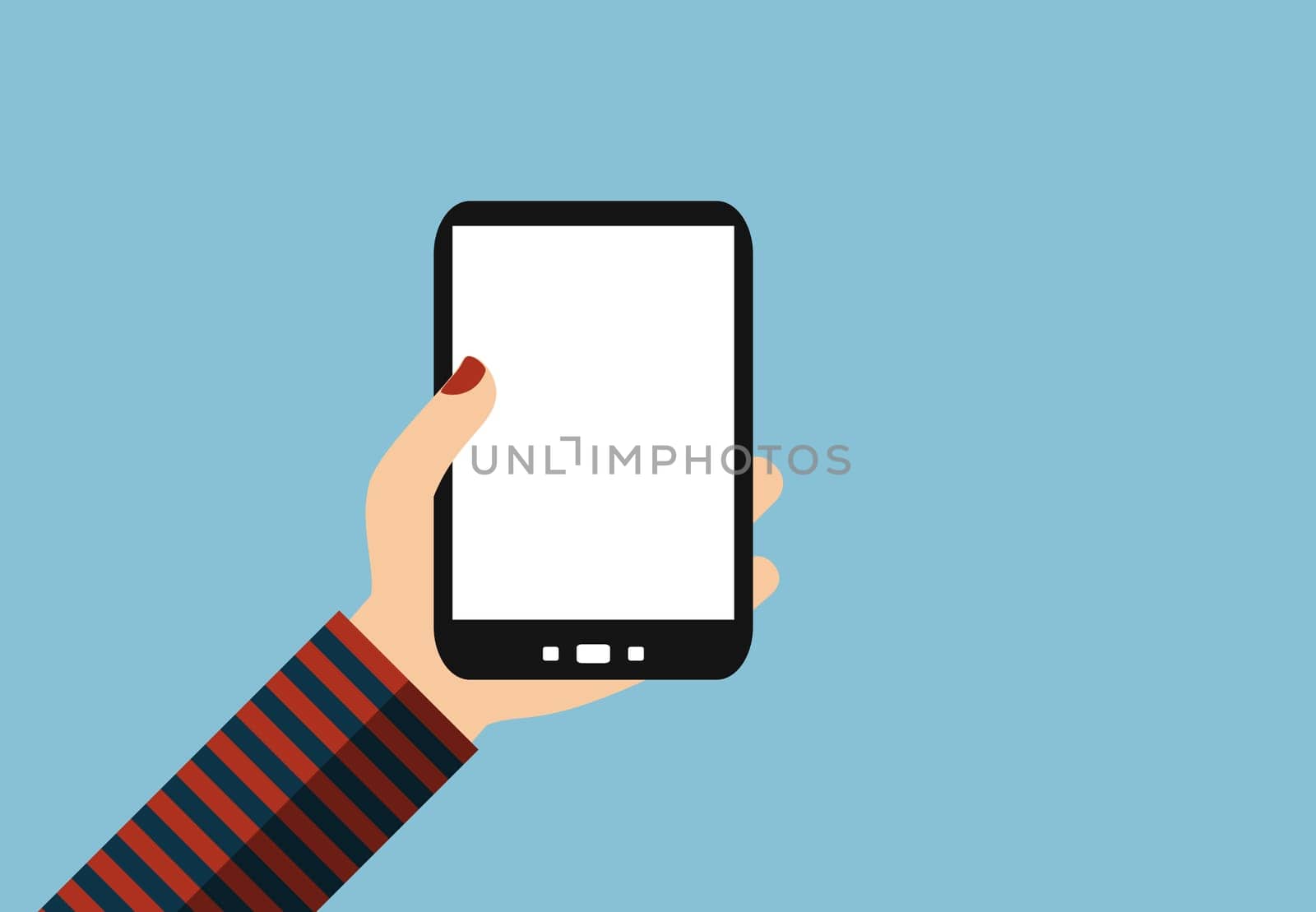 Girl holding Smartphone: Empty white screen - Flat Design