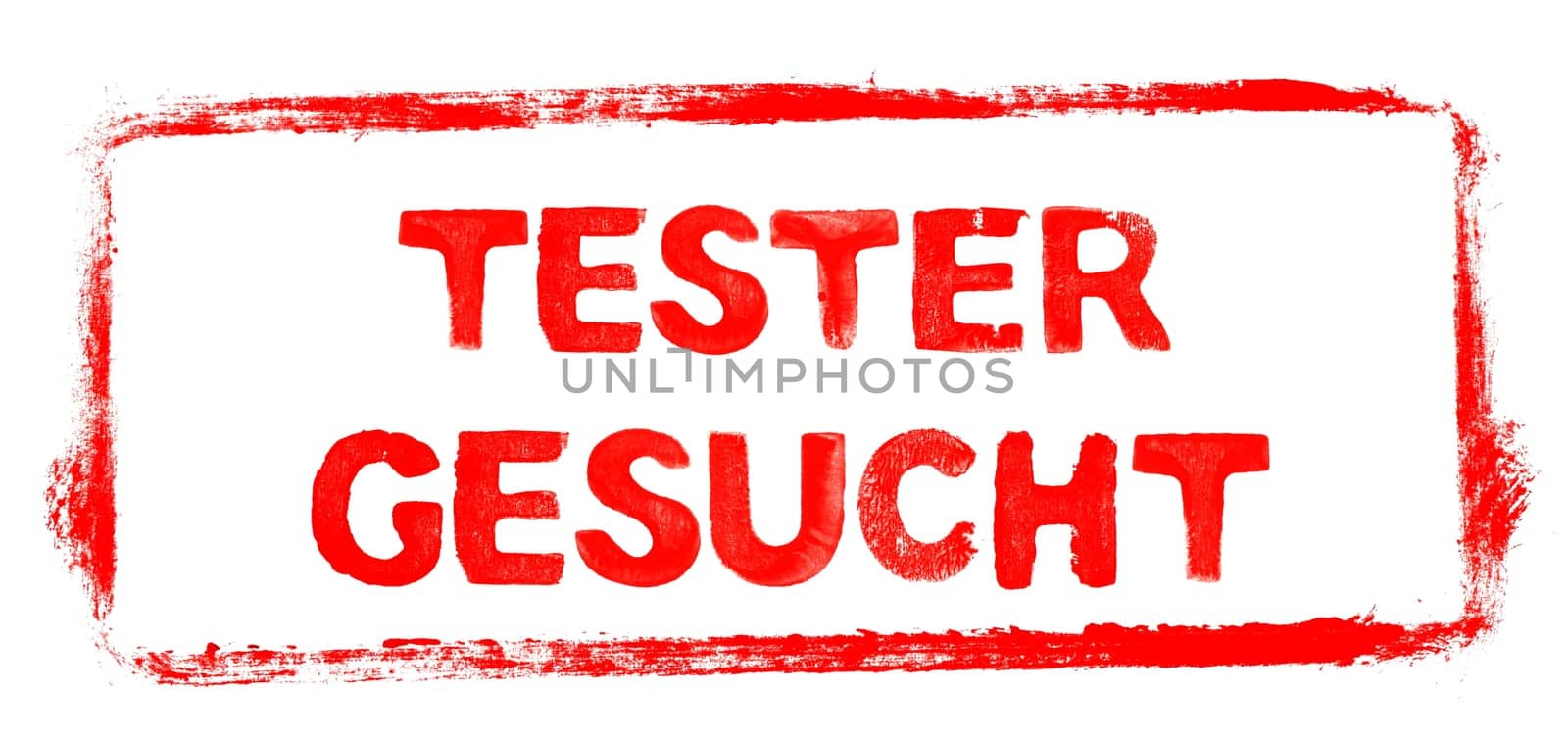 Tester wanted in german language Banner: Red rubber stamp frame with stencil text