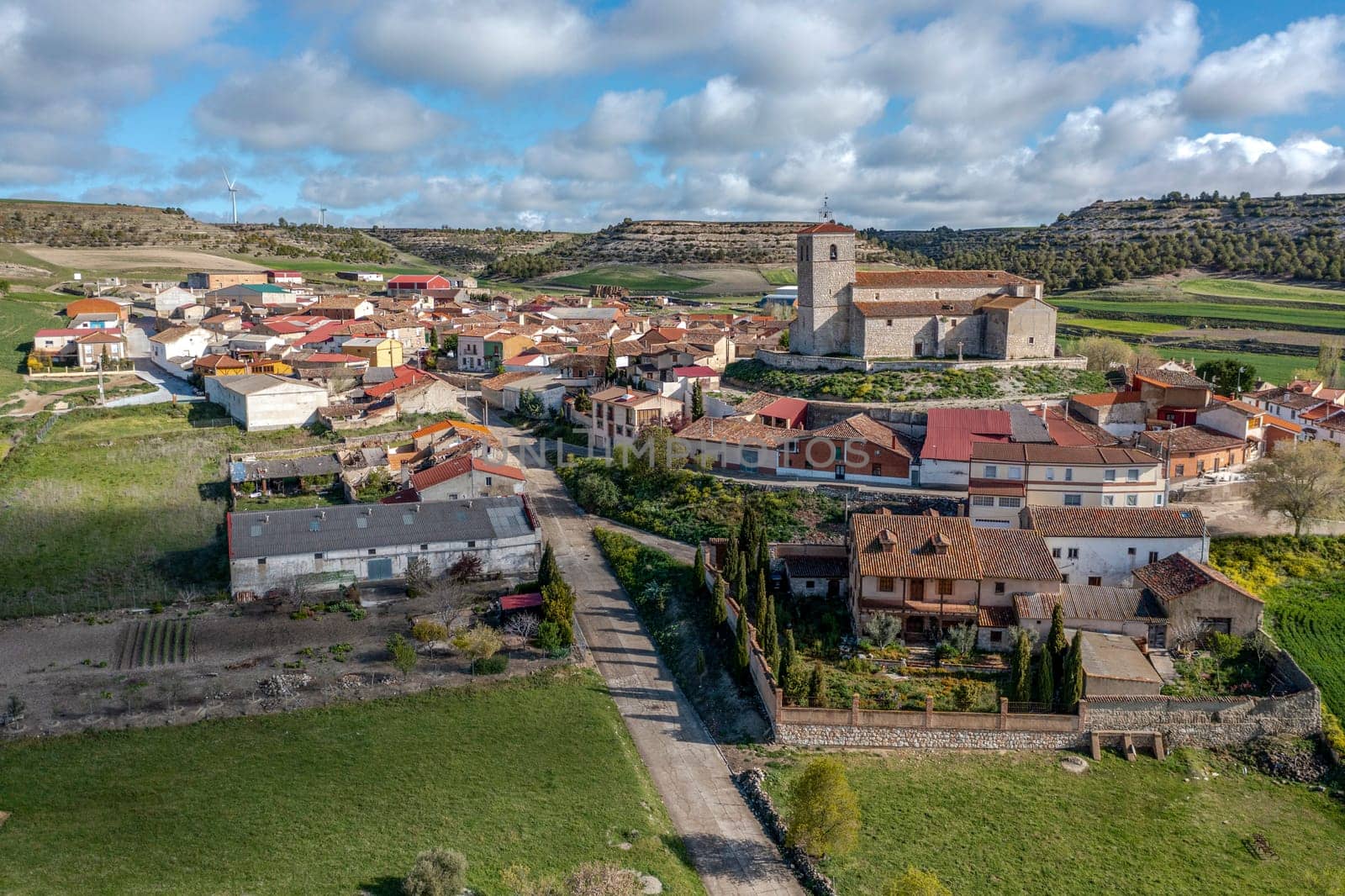 panoramic view of Velliza province of Valladolid Spain, detail Parish Church of San Millan
