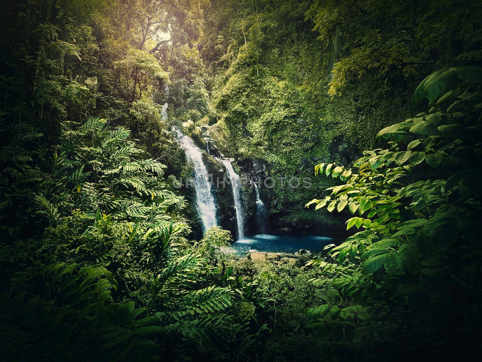 Upper Waikani Falls or Three Bears Waterfalls, the Road to Hana in Hawaii. Cascade in the jungle among tropical green vegetation. Wonderful scene in hawaiian dense rainforest with mixed fern plants