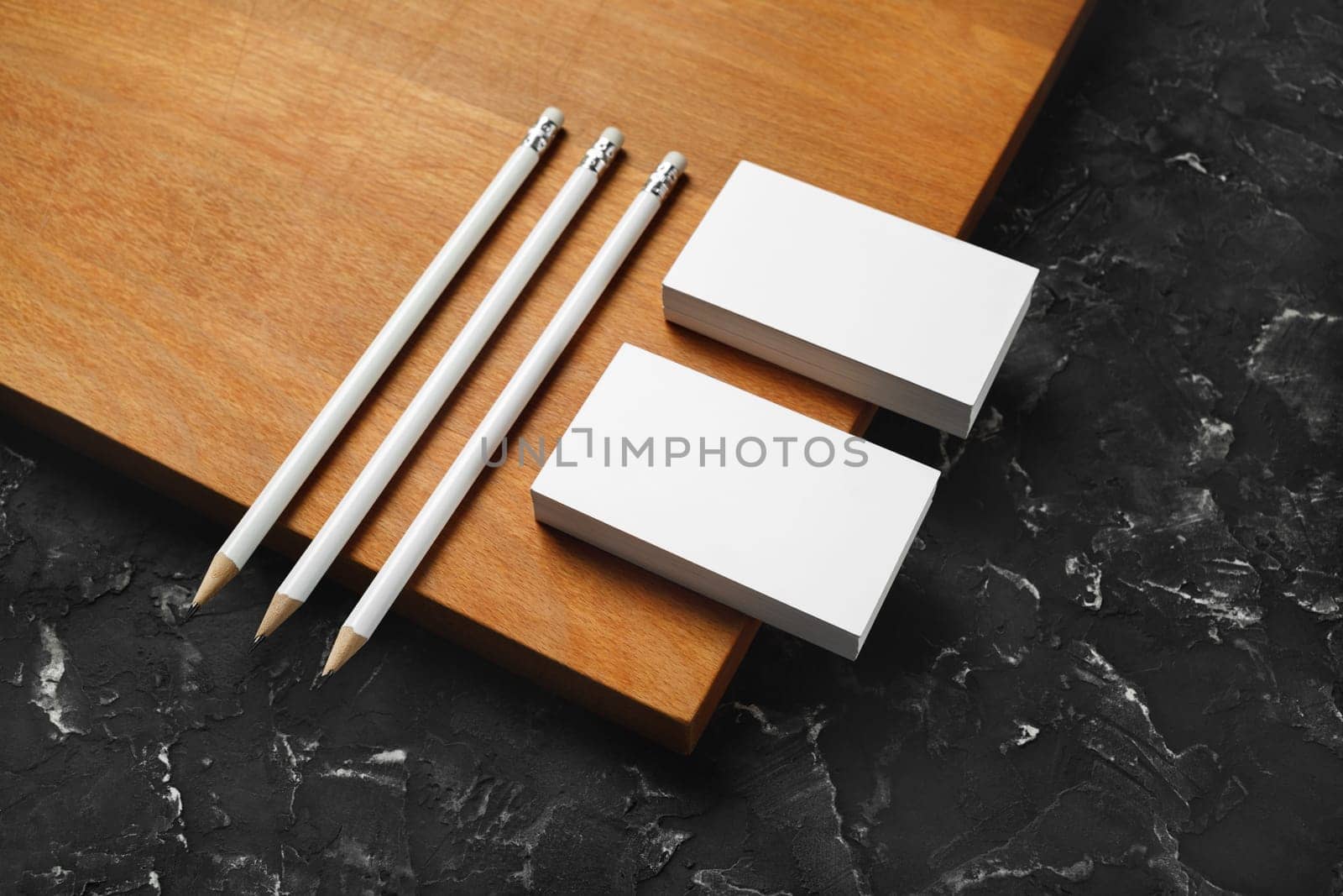 Blank business cards and pencils. Template for graphic designers portfolios.