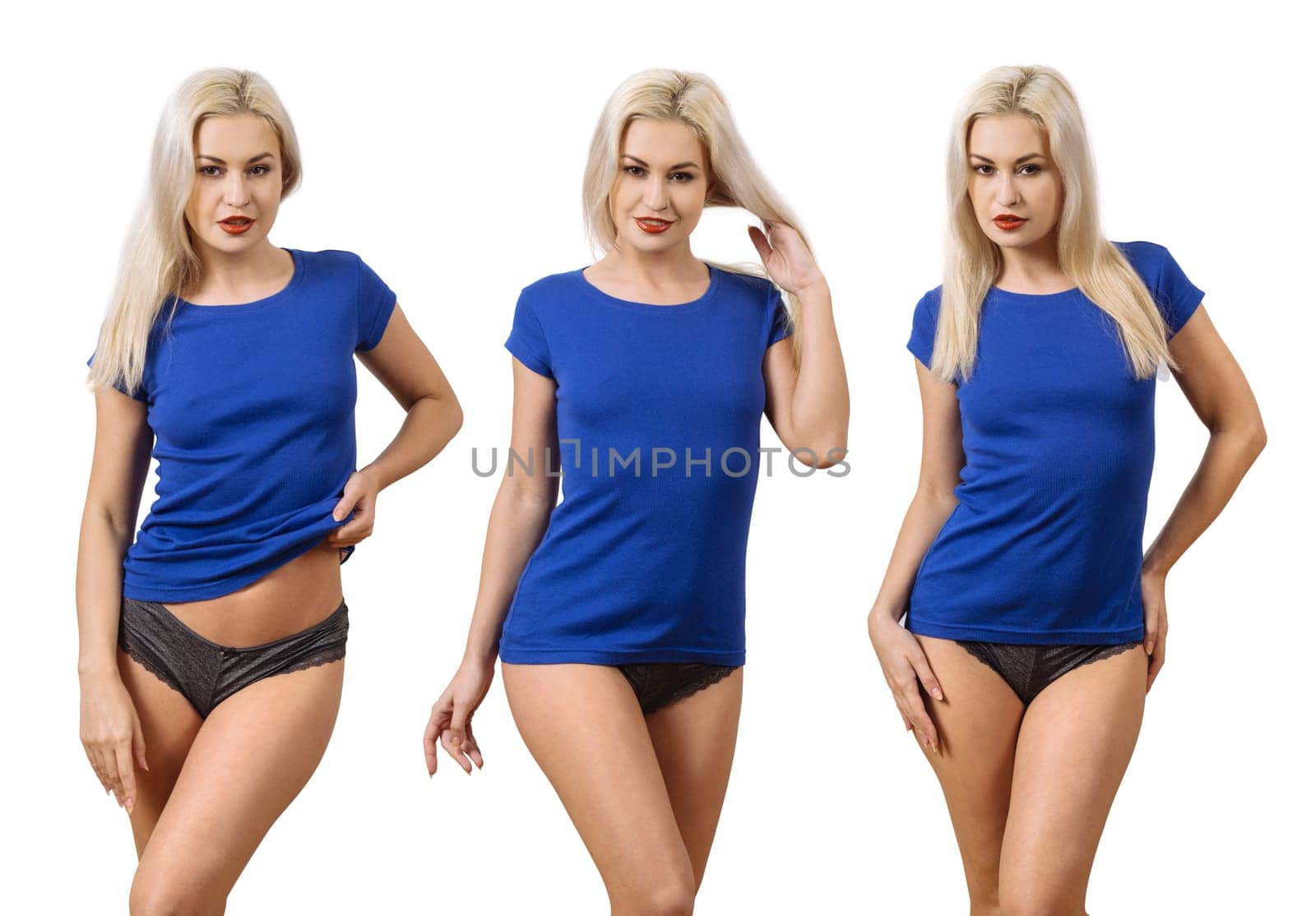 Young beautiful woman with blank blue shirt with three front views. Ready for your design or artwork.