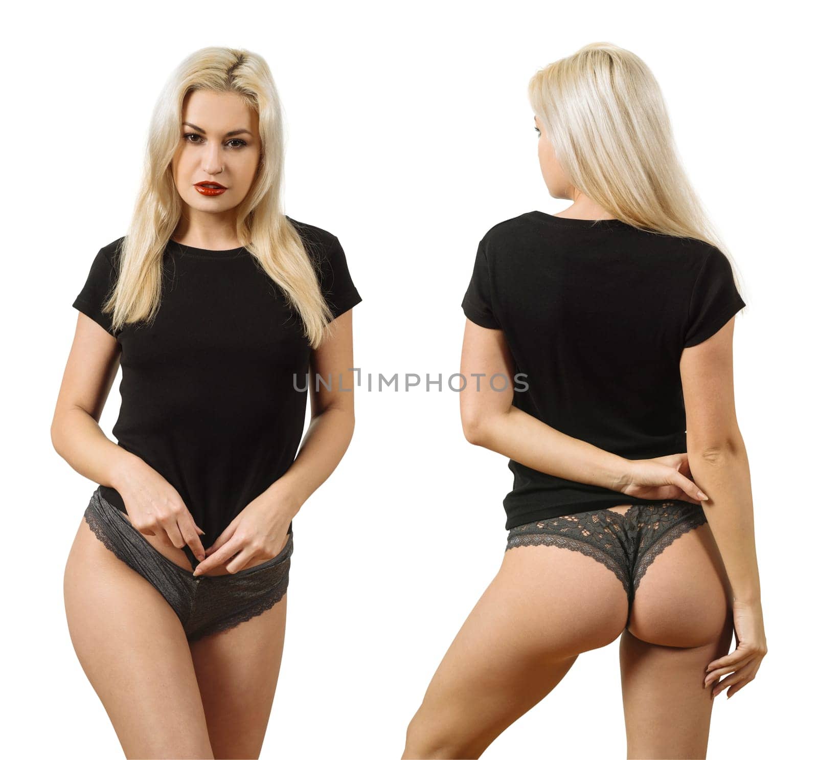 Young beautiful blond woman with blank black shirt. Ready for your design or artwork.