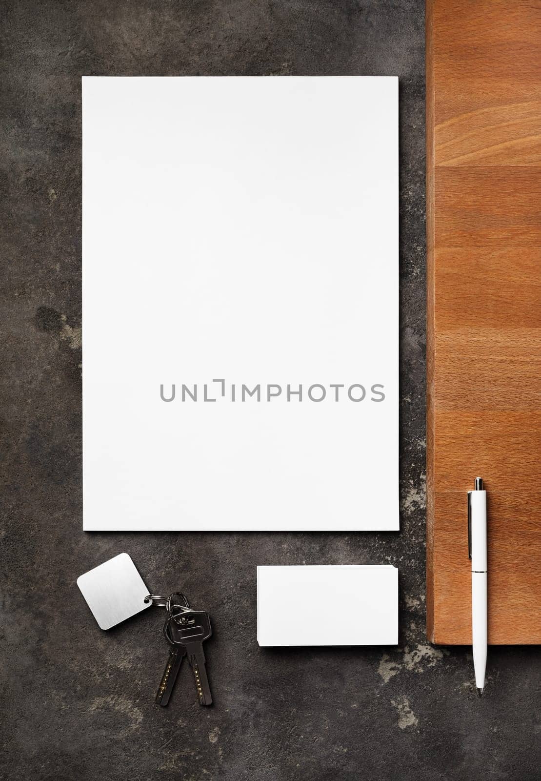 Brand identity mockup. Blank corporate stationery set and keys. Copy space for text. Flat lay.