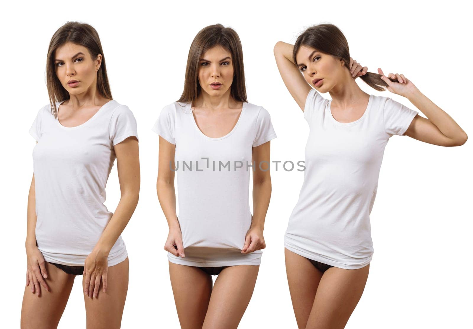 Young beautiful woman with blank white shirt with three front views. Ready for your design or artwork.