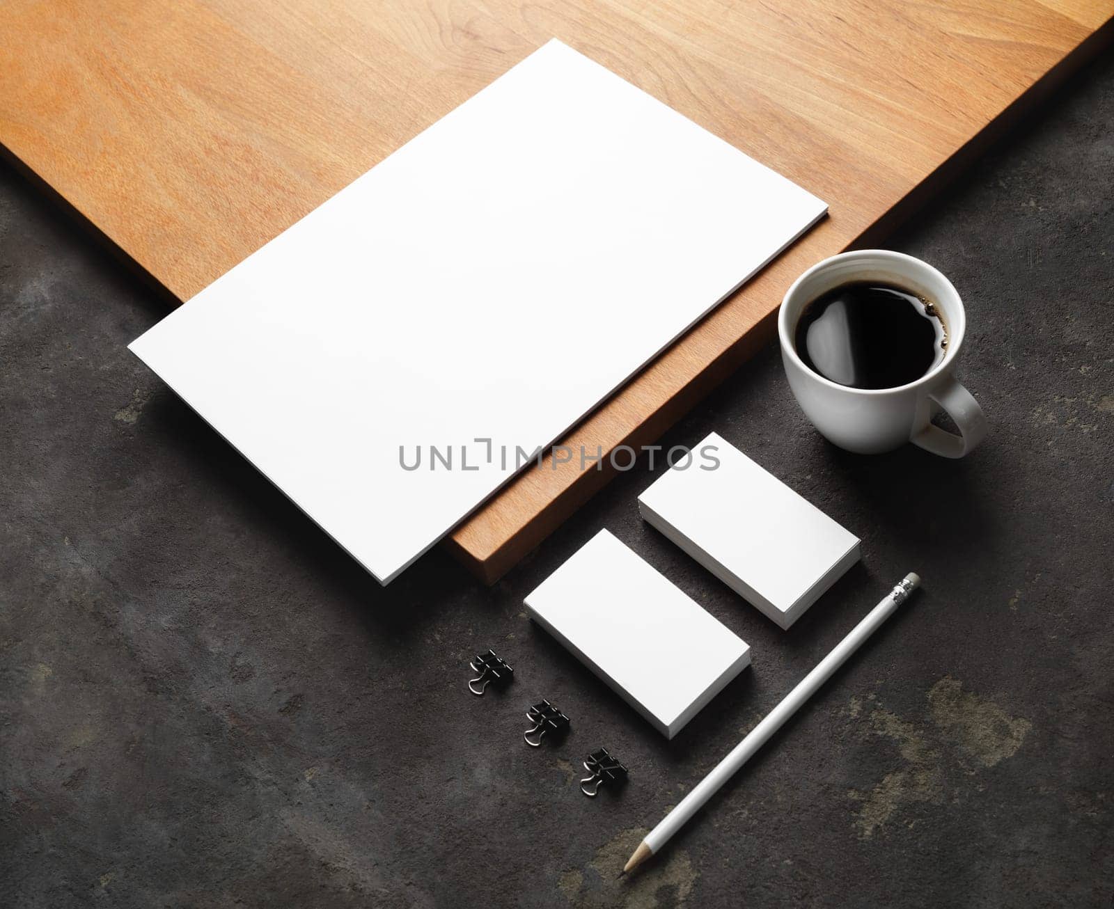 Branding stationery template. Blank business cards, letterhead, pencil, coffee cup and clips. ID mockup. Responsive design template.