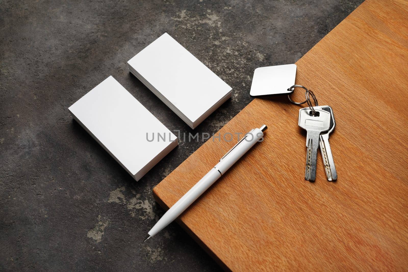 Blank business cards, pen and keys. Template for graphic designers portfolios.