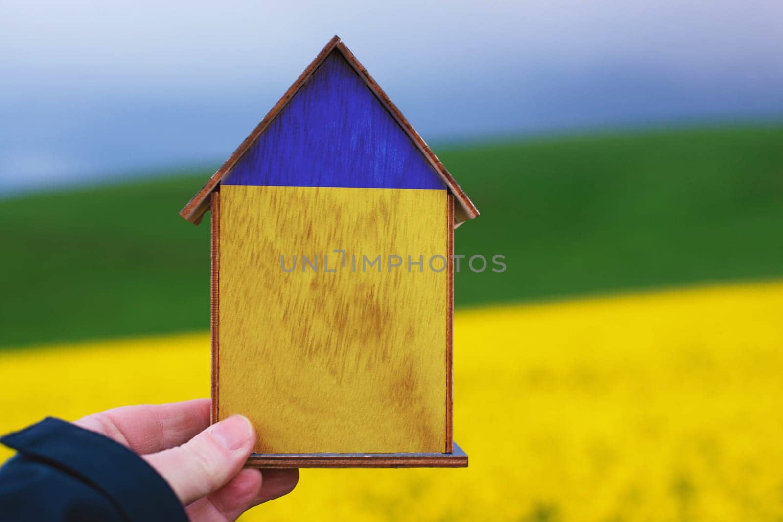 Holding a house in the hand with the colors of the ukrainian flag, home for refugees from Ukraine, help for families