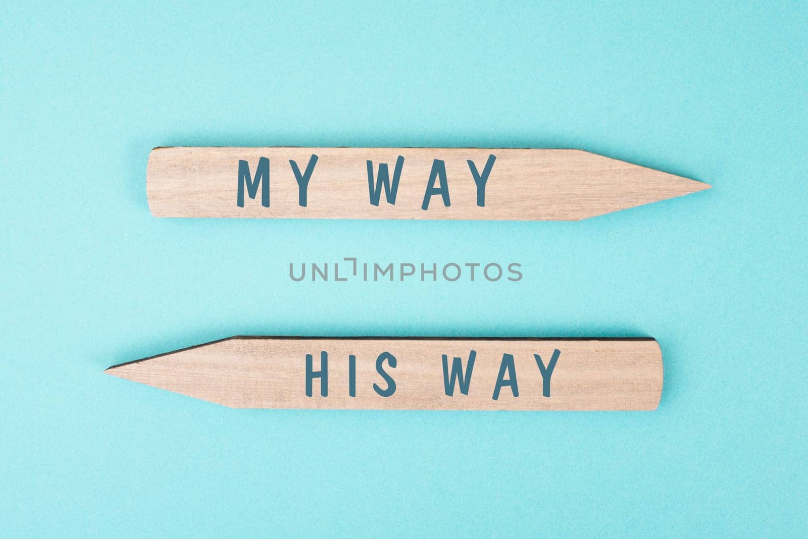 The words my way his way are standing on wooden arrows, christian religion faith, trust and believe concept, religious pray