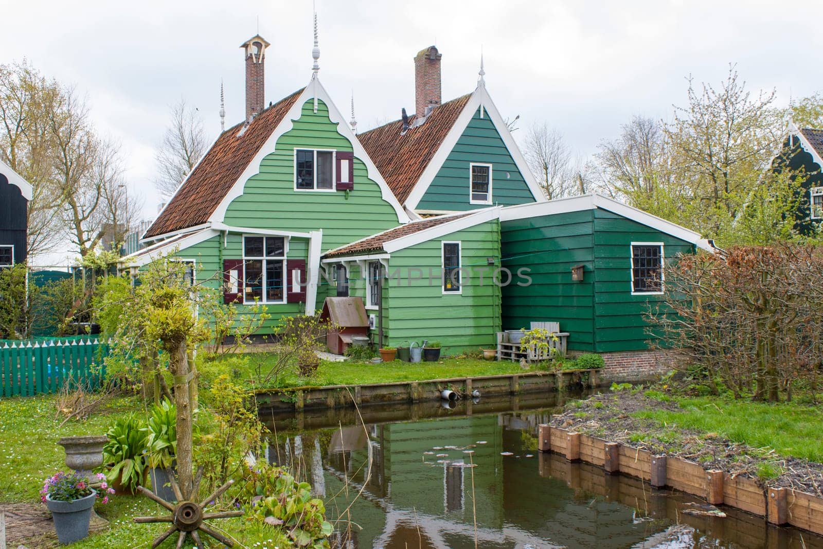 Traditional Houses in the Historic Village of Zaanse Schans on the Zaan River in the Netherlands