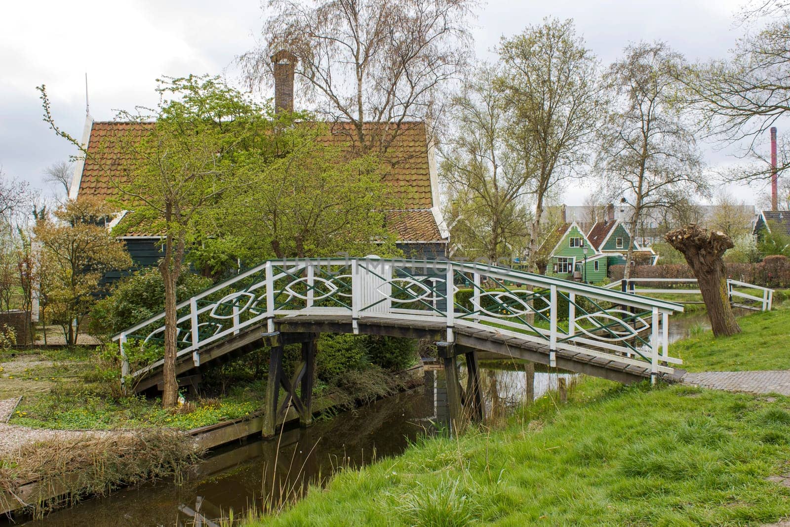 Traditional Houses in the Historic Village of Zaanse Schans on the Zaan River in the Netherlands