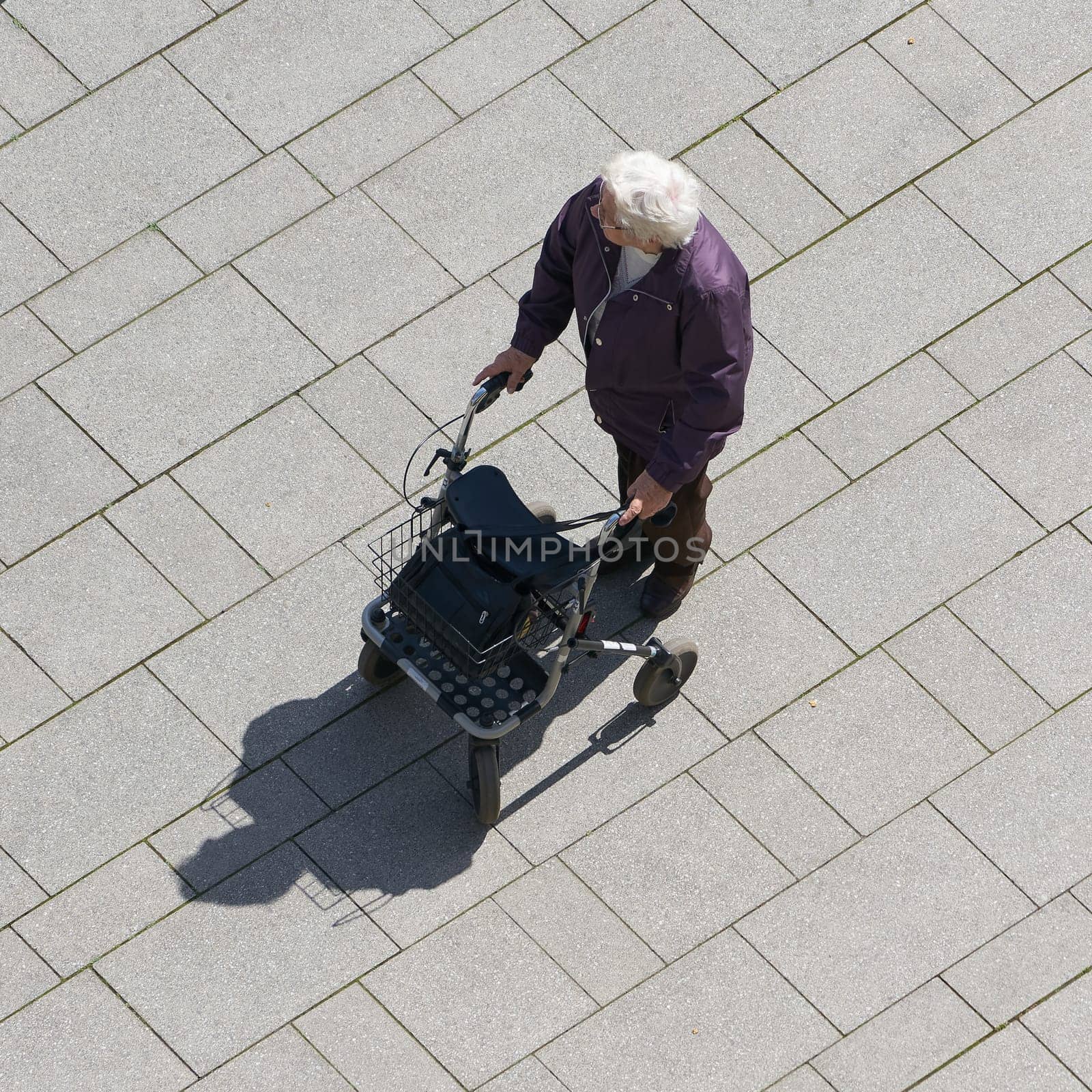 an old woman with a walker walking through the city