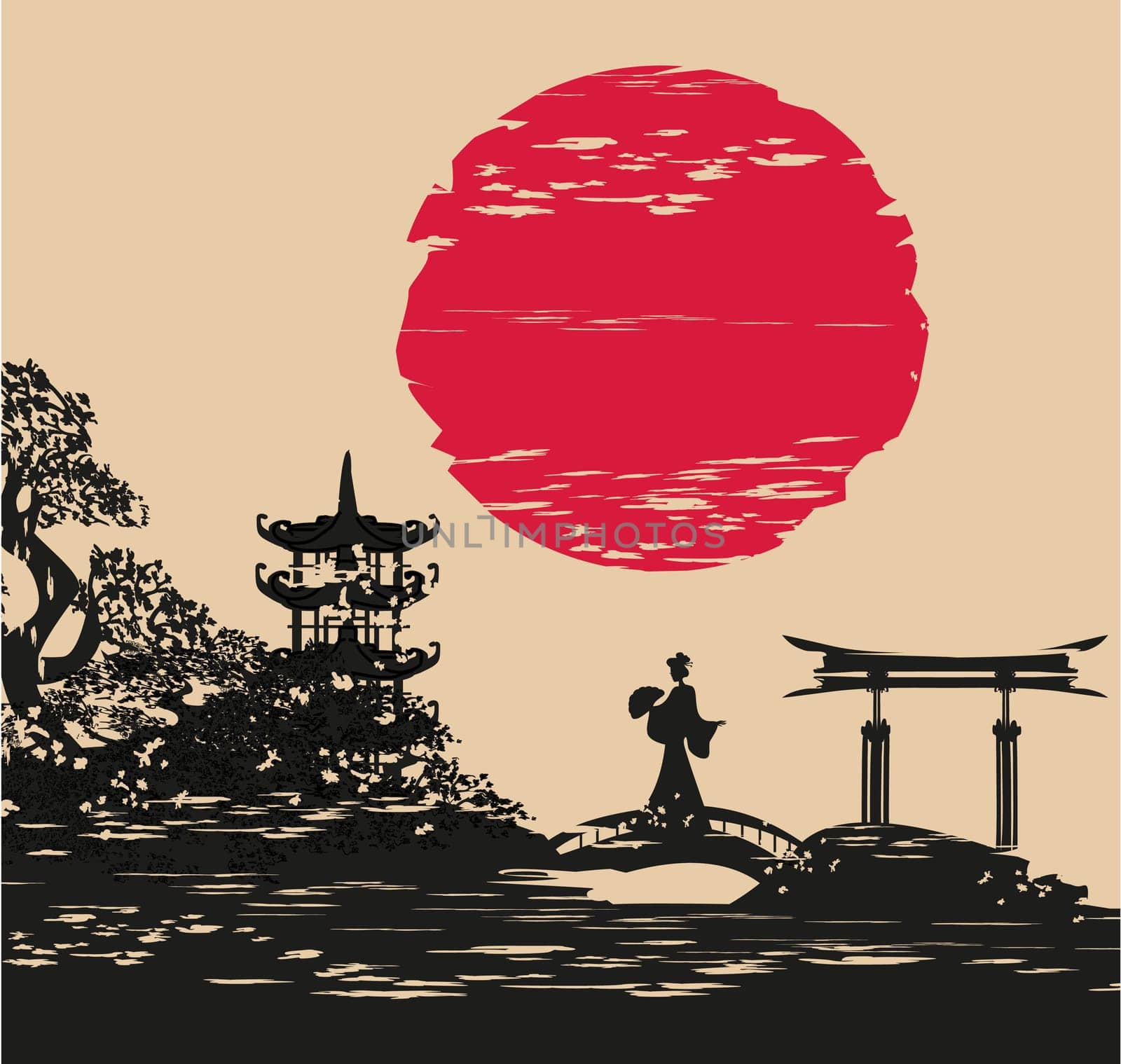abstract Asian Landscape and beautiful Asian girl