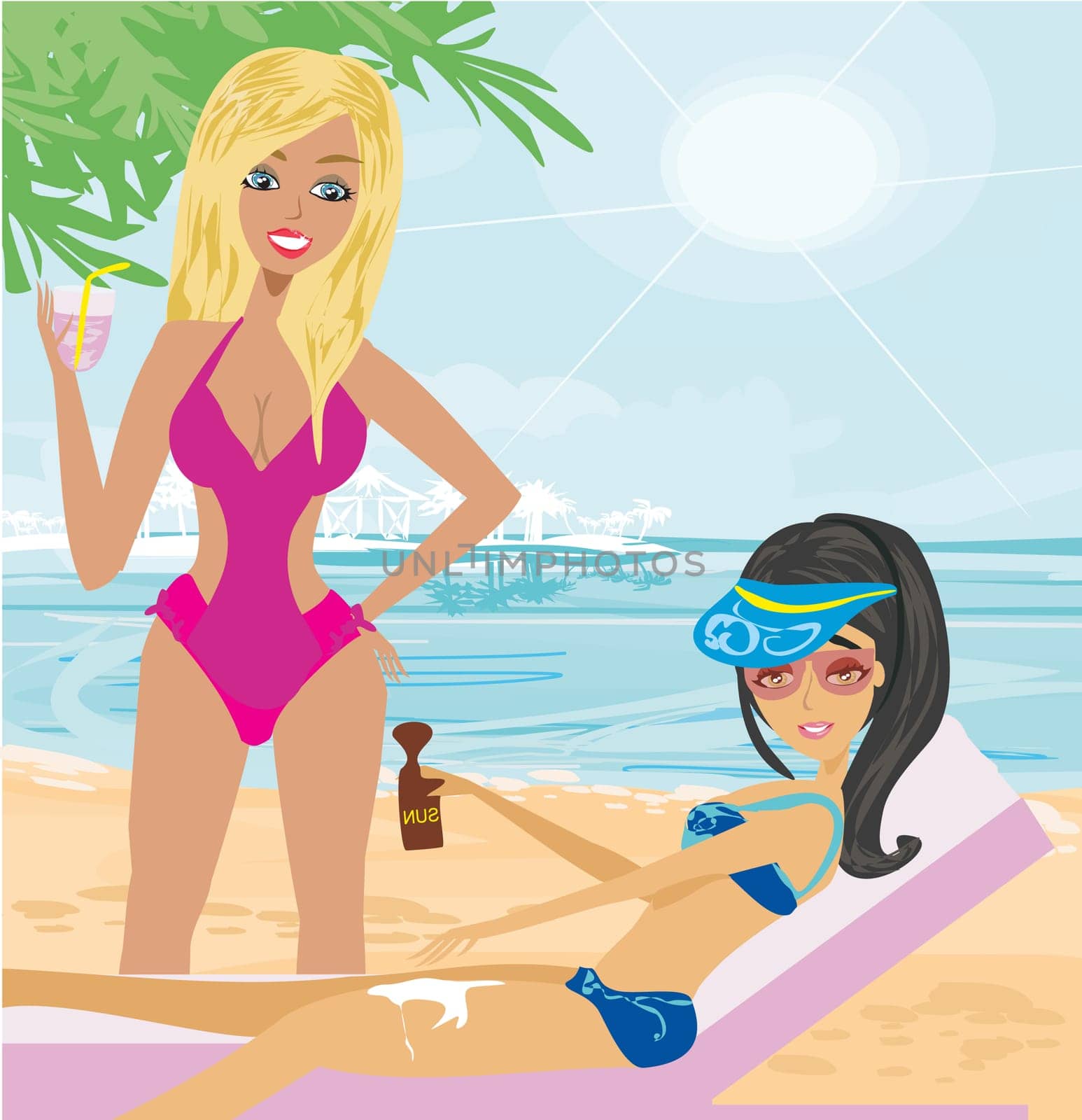 illustration of girls on beach