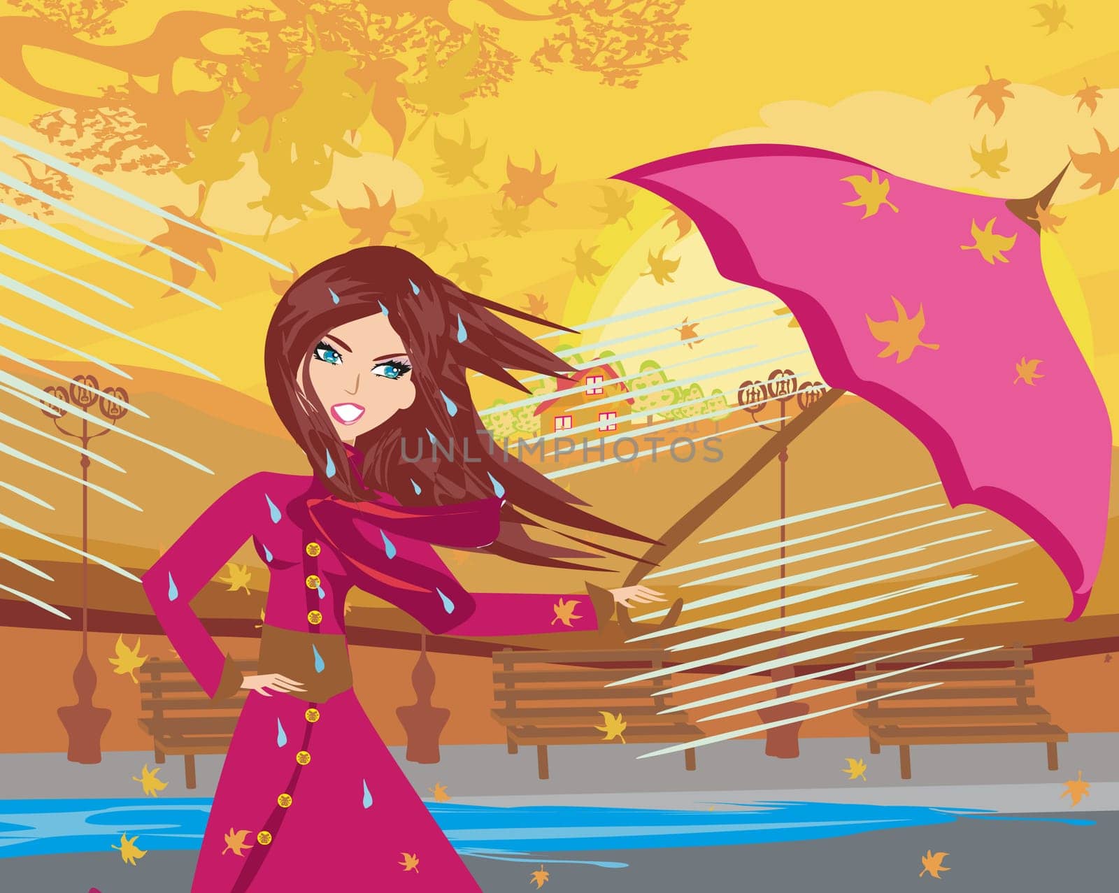 girl with umbrella on a rainy autumn day