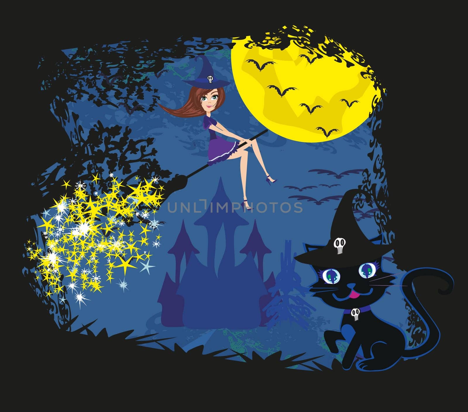 witch with a broom and a cat