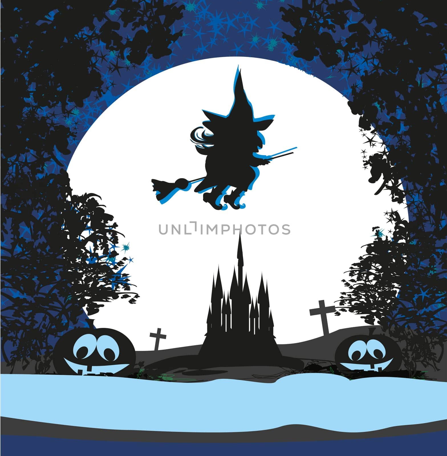 Witch flying on a broom in moonlight.