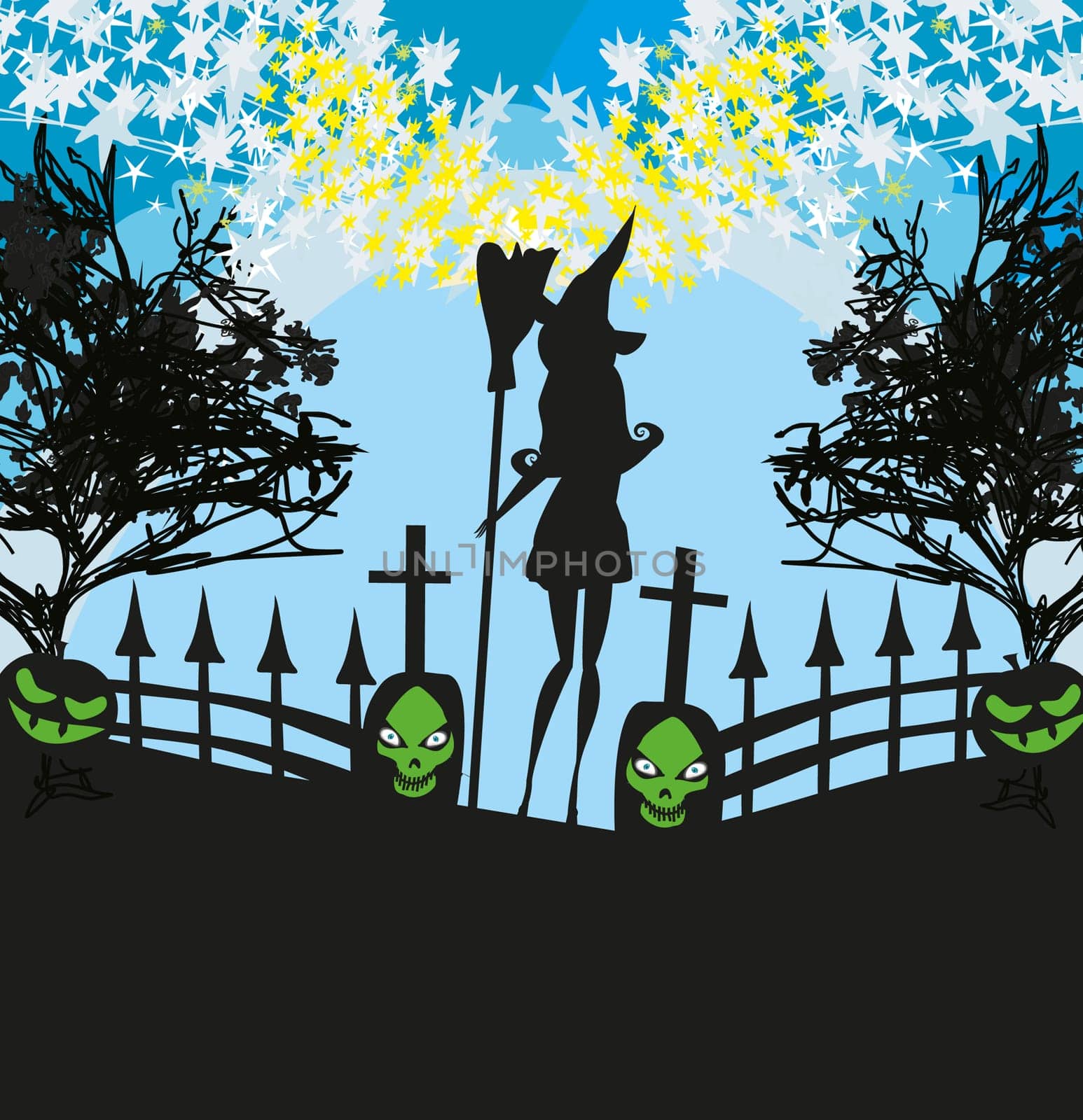 illustration of witch  and cemetery