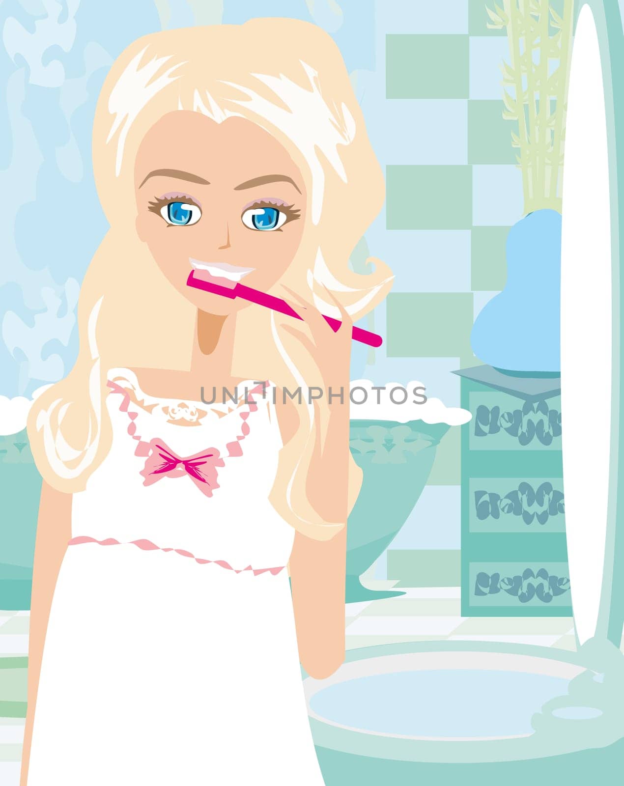 lovely teenage girl brushing  teeth in the bathroom