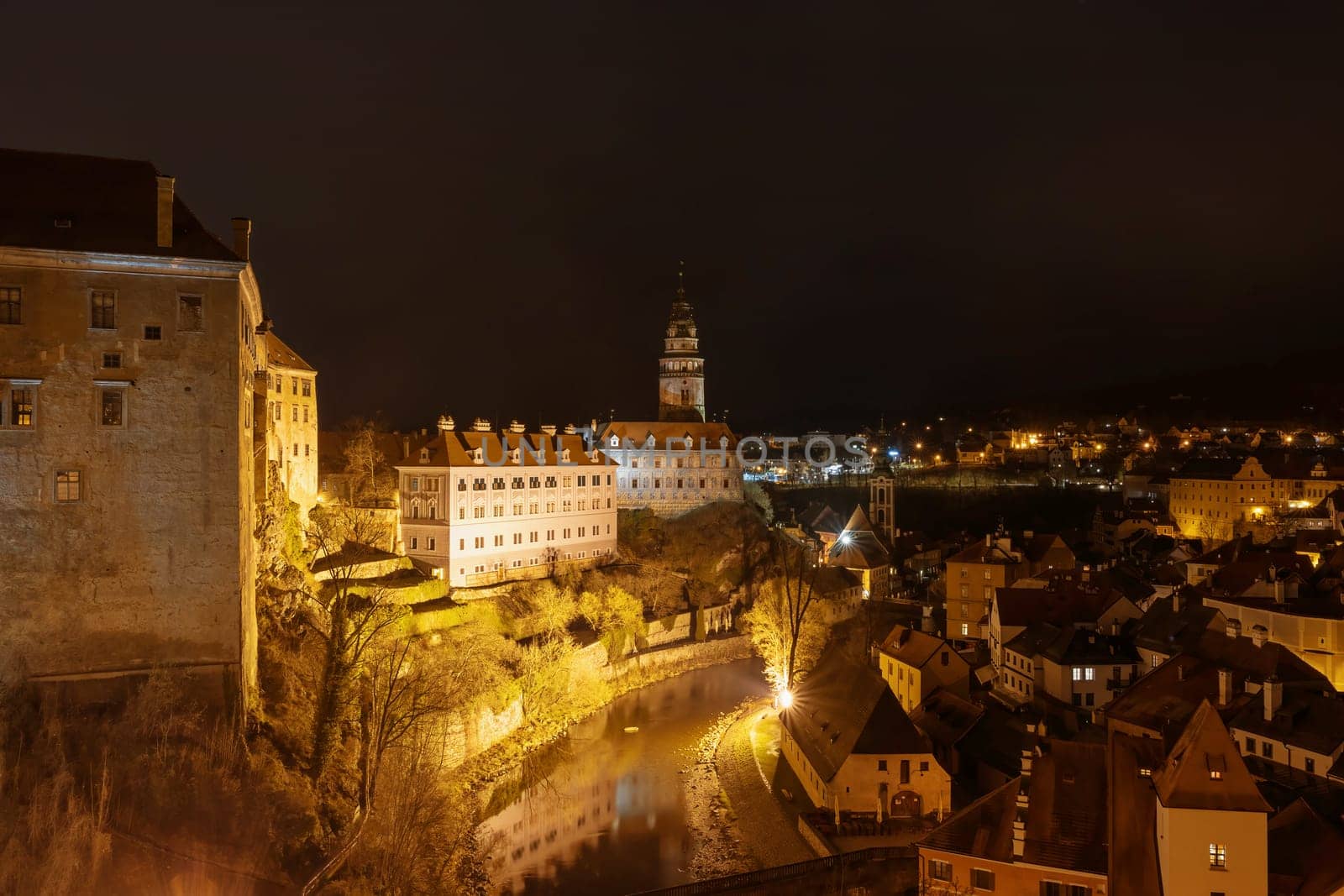 Town Cesky Krumlov and its castle in Czech republic in the night. Horizontally.