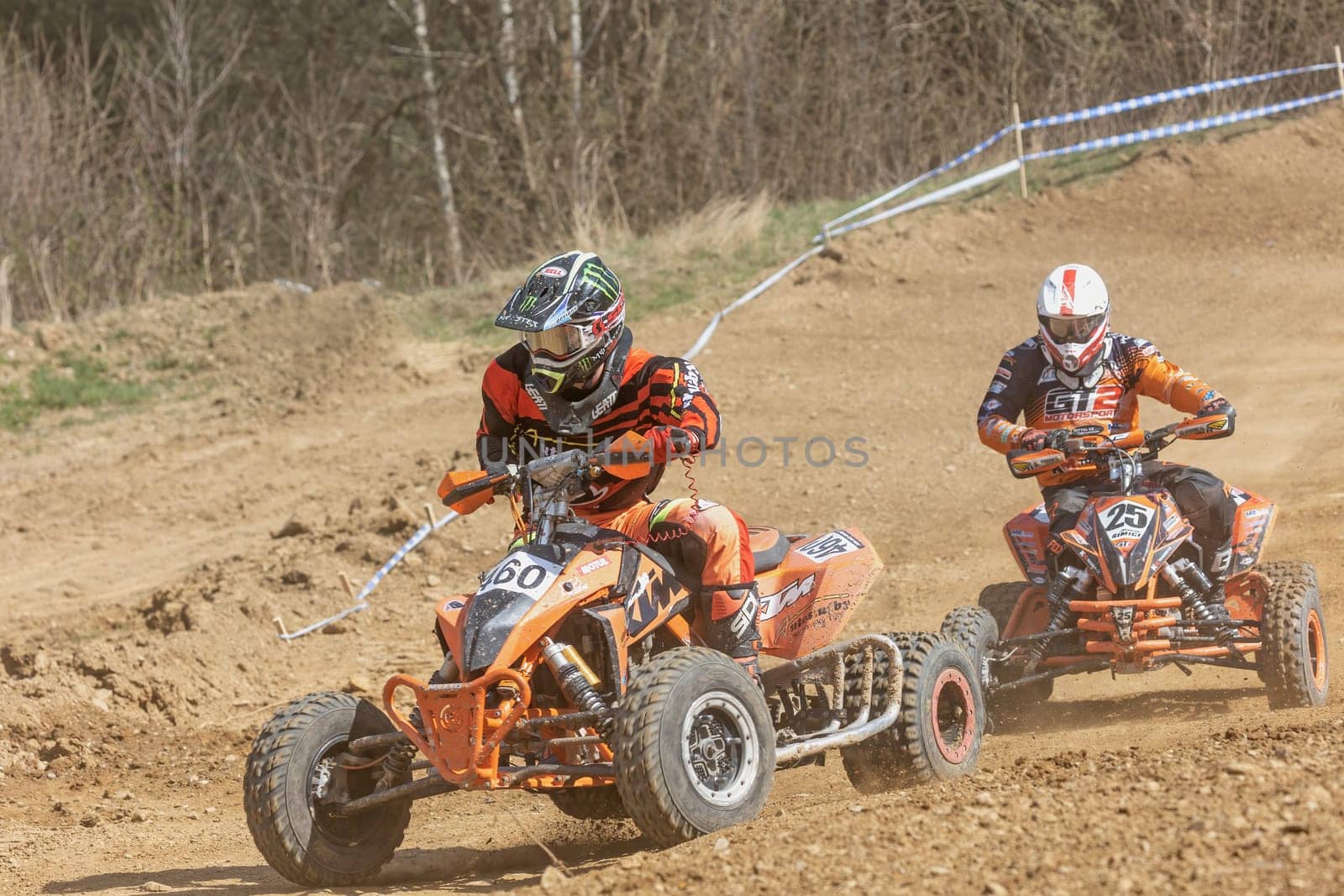 MOHELNICE,  CZECH REPUBLIC - APRIL 16, 2022: Young quad bike riders closeup in International Championship of Czech Republic in Sidecarcross, category Quad on April 16, 2022 in Mohelnice.