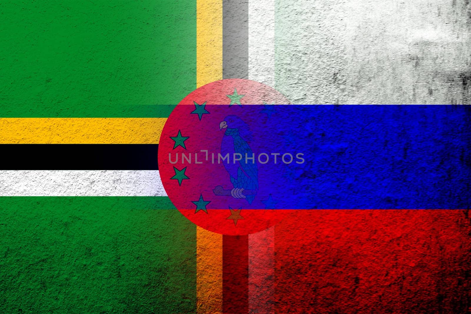 National flag of Russian Federation with Commonwealth of Dominica National flag. Grunge background