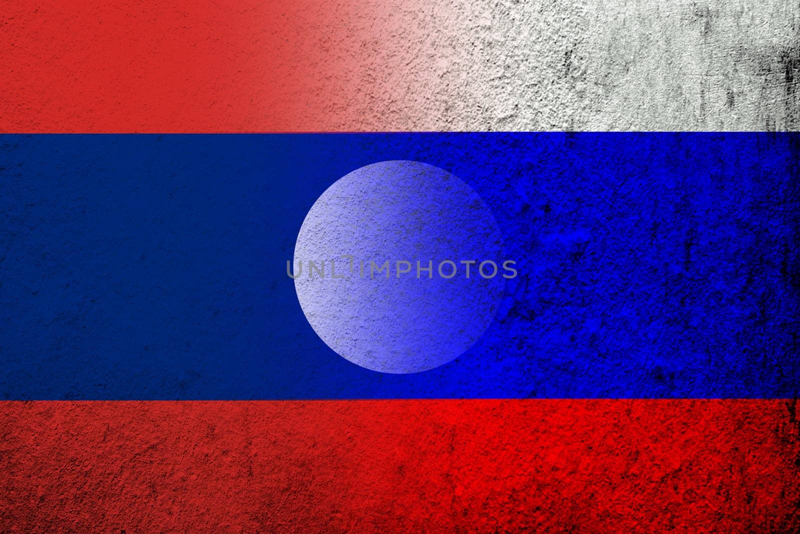 National flag of Russian Federation with Democratic Republic Laos National flag. Grunge background