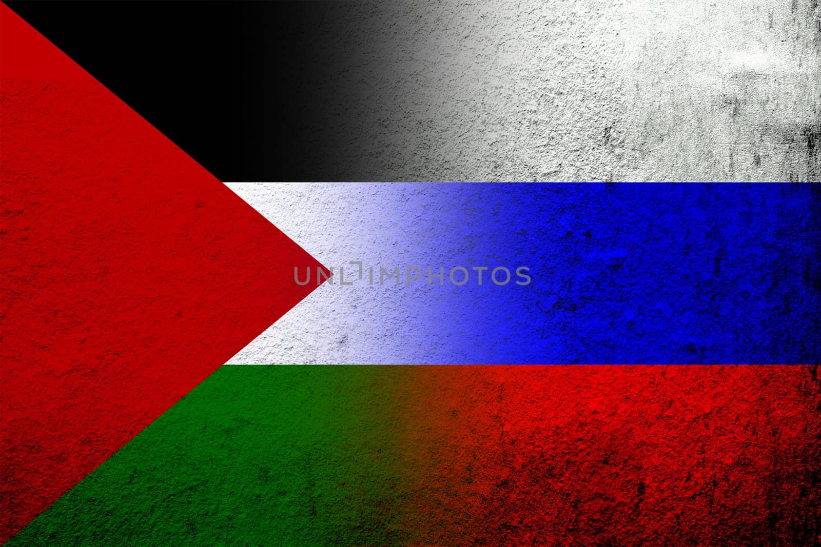 National flag of Russian Federation with Flag of Palestine. Grunge background