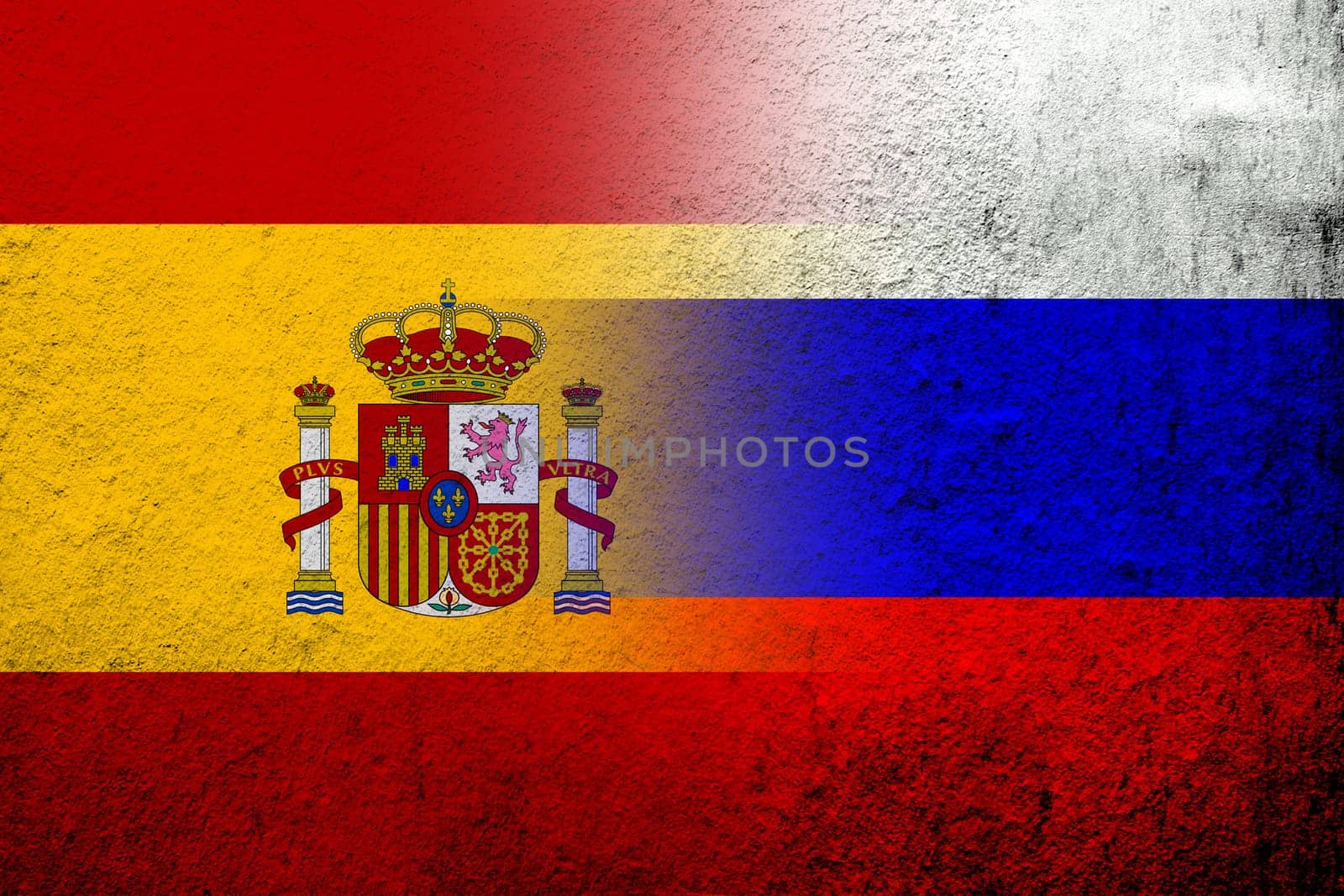 National flag of Russian Federation with Kingdom of Spain National flag. Grunge background