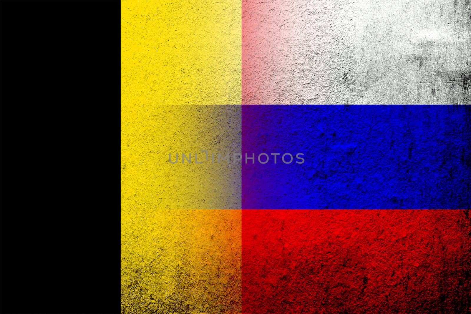 National flag of Russian Federation with Kingdom of Belgium National flag. Grunge background