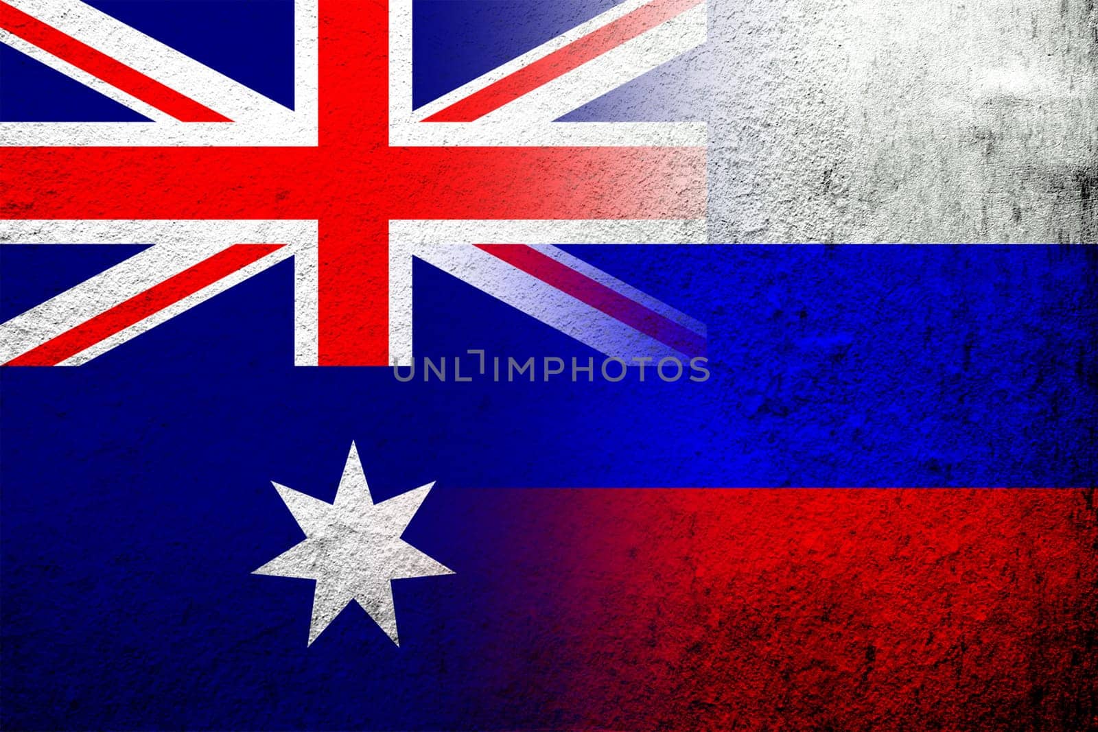 National flag of Russian Federation with National flag of Australia. Grunge background