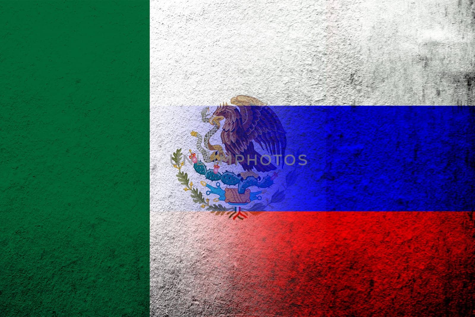 National flag of Russian Federation with Mexico National flag. Grunge background