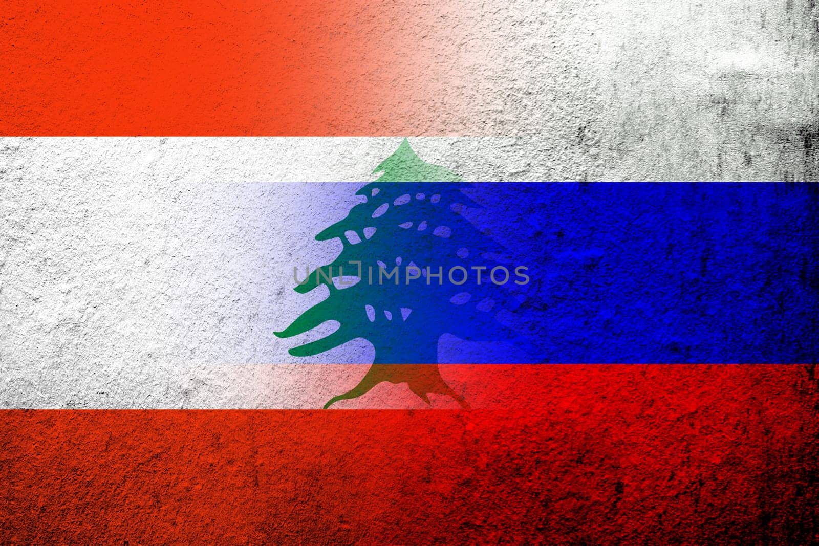 National flag of Russian Federation with Lebanon National flag. Grunge background