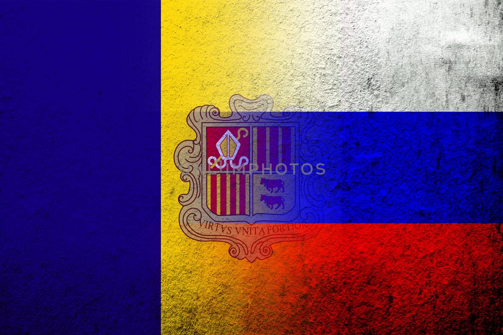 National flag of Russian Federation with Andorra national flag. Grunge background